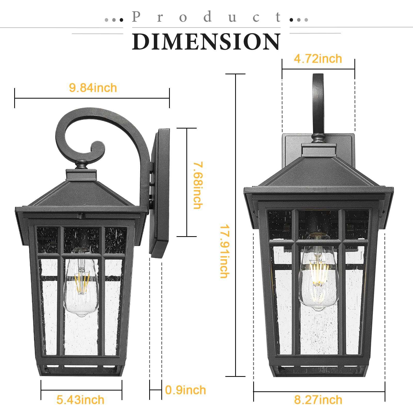 Darkaway Large Outdoor Wall Lights, Waterproof Black Aluminum Sconce with Seeded Glass, Model 6X24B-M BK, 18inch