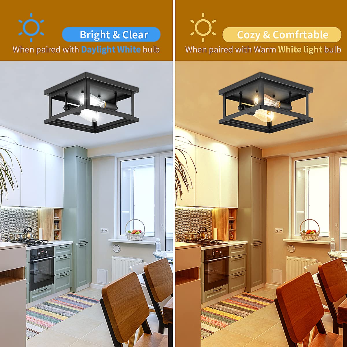 Drosbey 2-Light Flush Mount Ceiling Light Fixture, Iron, Black-A, Vintage Industrial Style for Kitchen, Bedroom, Hallway