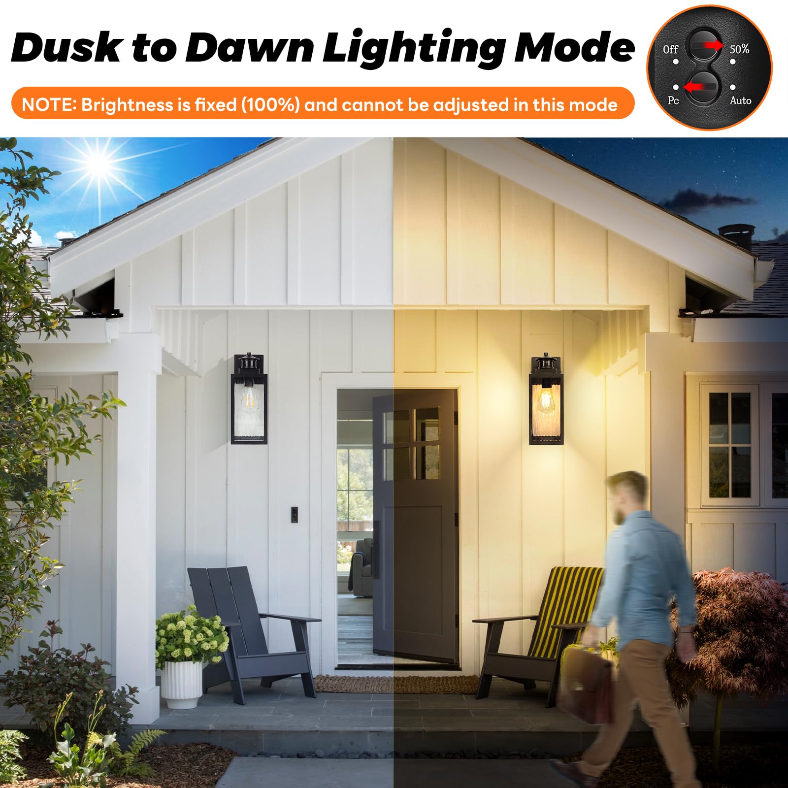 13.6'' Motion Sensor Outdoor Wall Sconce Lantern, Exterior Waterproof Wall Lights Fixtures With Water-Rippled Glass, Black Outsi