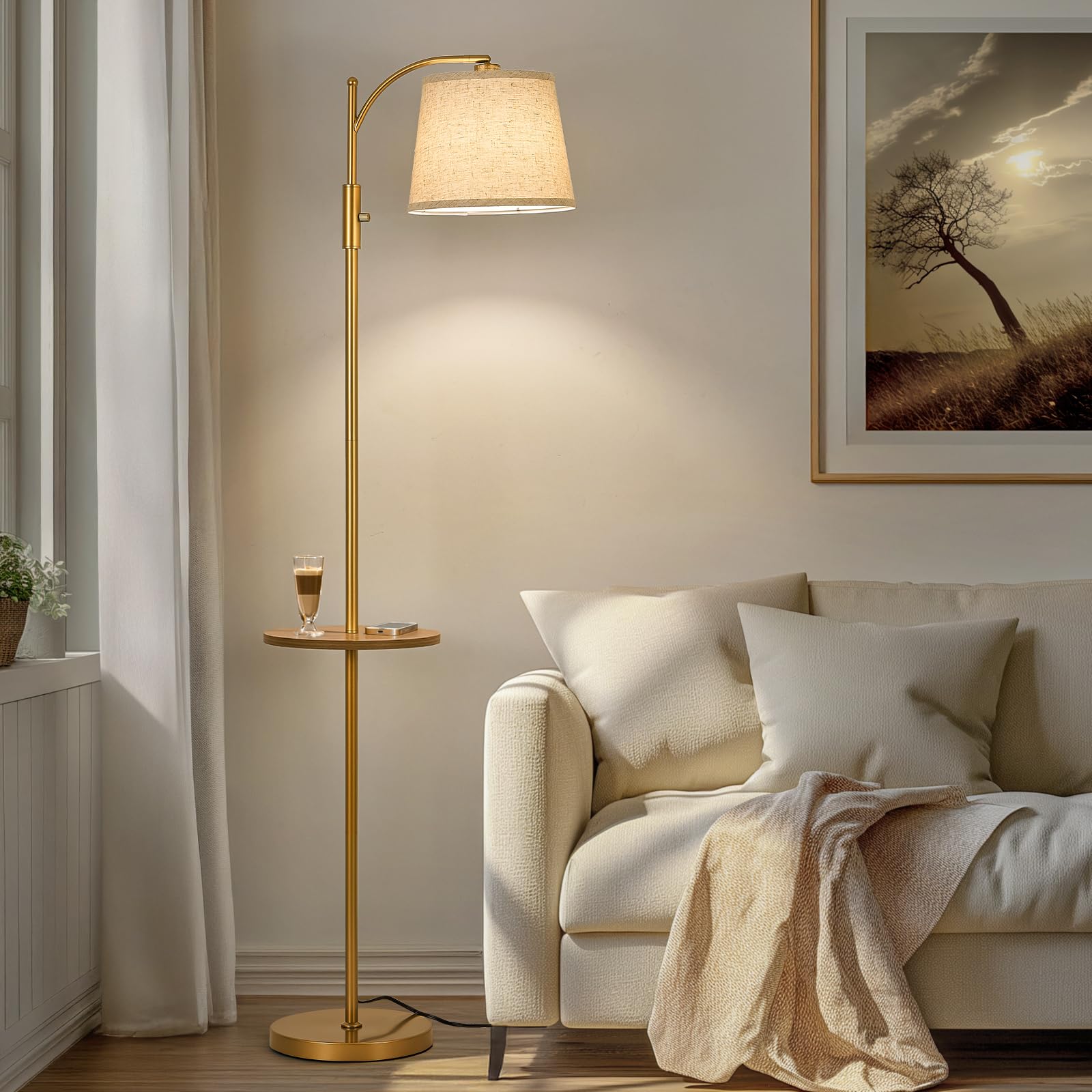AIDENOEY Fully Dimmable Floor Lamp, Large Gold, Rotary Switch, Linen Shade, Model HYZC0203, 9W LED Bulb Included