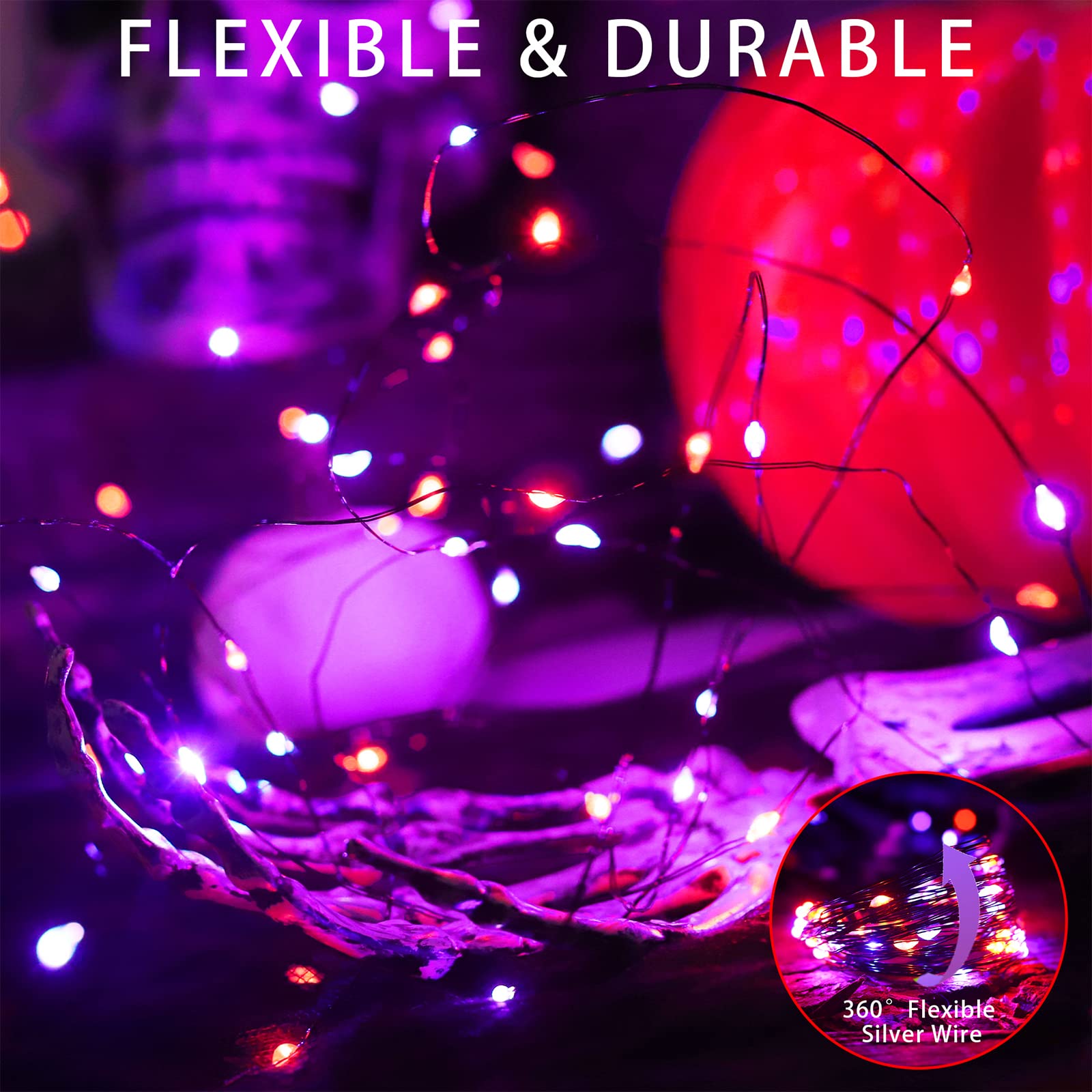 YAOZHOU Solar Powered Halloween String Lights, 100 LED, 33FT, IP67 Waterproof, Orange/Purple, 2 Pack, Black Copper Fairy Lights