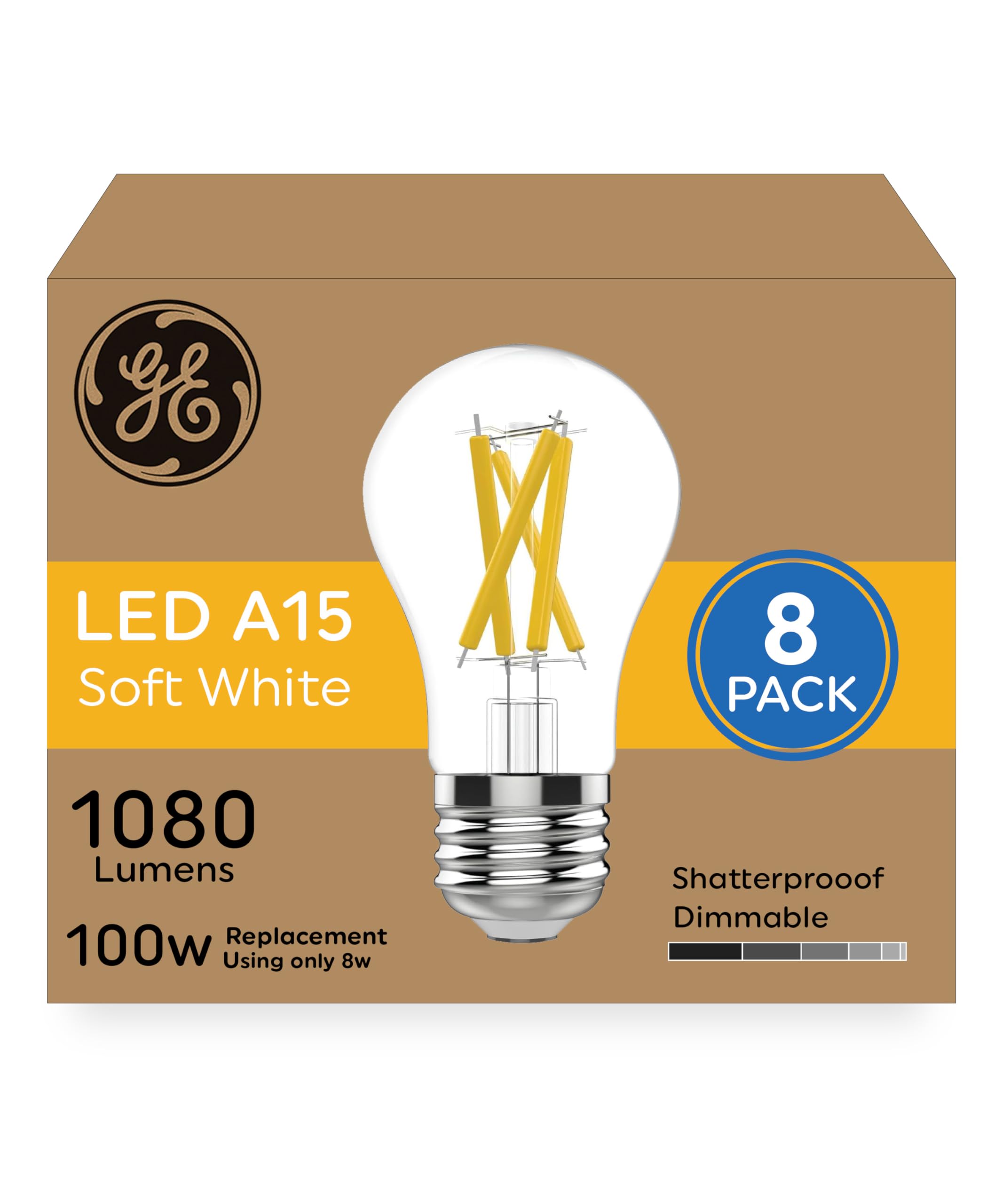 GE Ultra Bright LED Light Bulbs, 100 Watt Equivalent, Soft White, Ceiling Fan Clear A15 Bulbs (8 Pack)