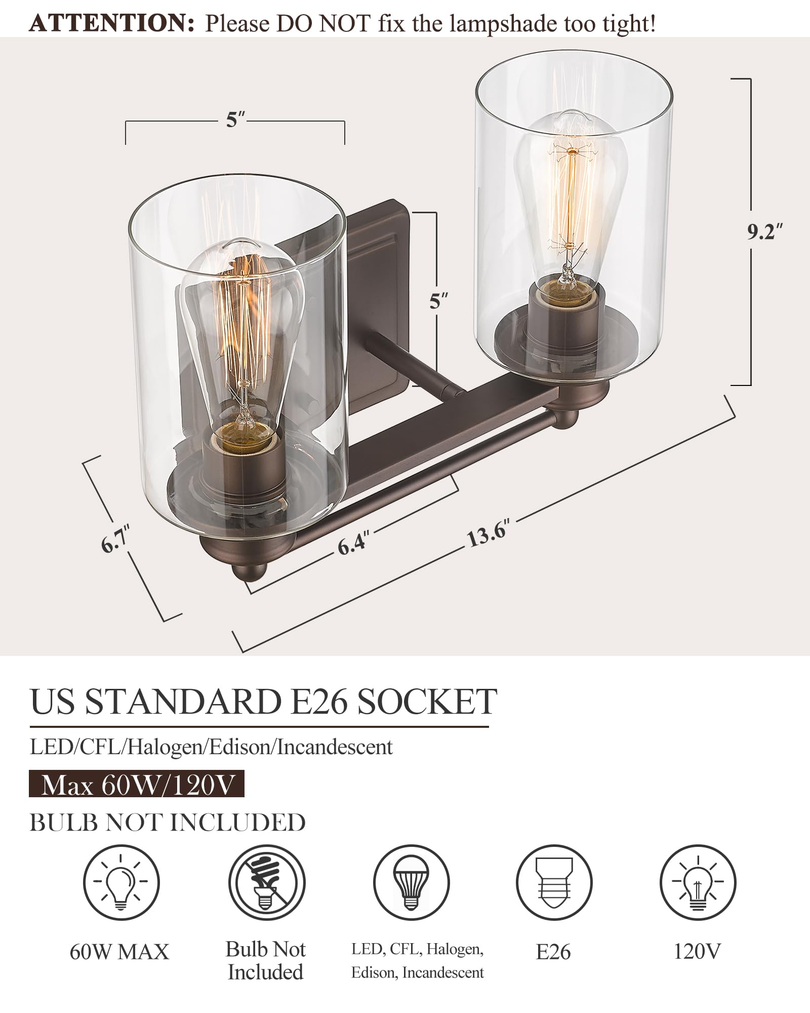 Hwh Farmhouse 2-Light Vanity Wall Lamp, Oil-Rubbed Bronze Finish For Bathroom & Dressing Table