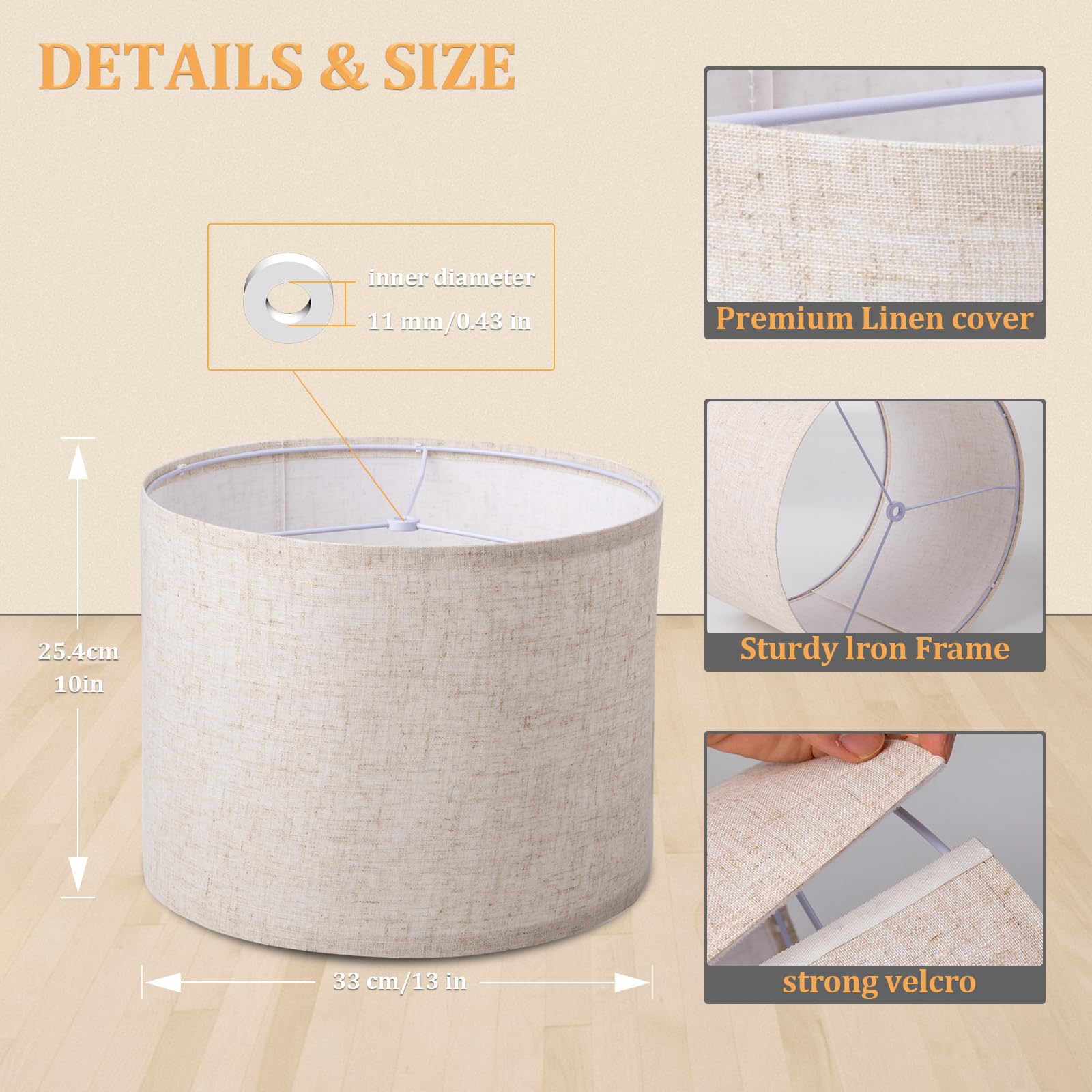 Drum Lampshade Set Of 2, Lamp Shade For Table Lamps Floor Lamp, 13" Top X 13" Bottom X 10" High Large Lamp Shades, Modern Fabric Lampshades, Easy Assembly Replacement Lamp Shades Spider Fitter(Beige)