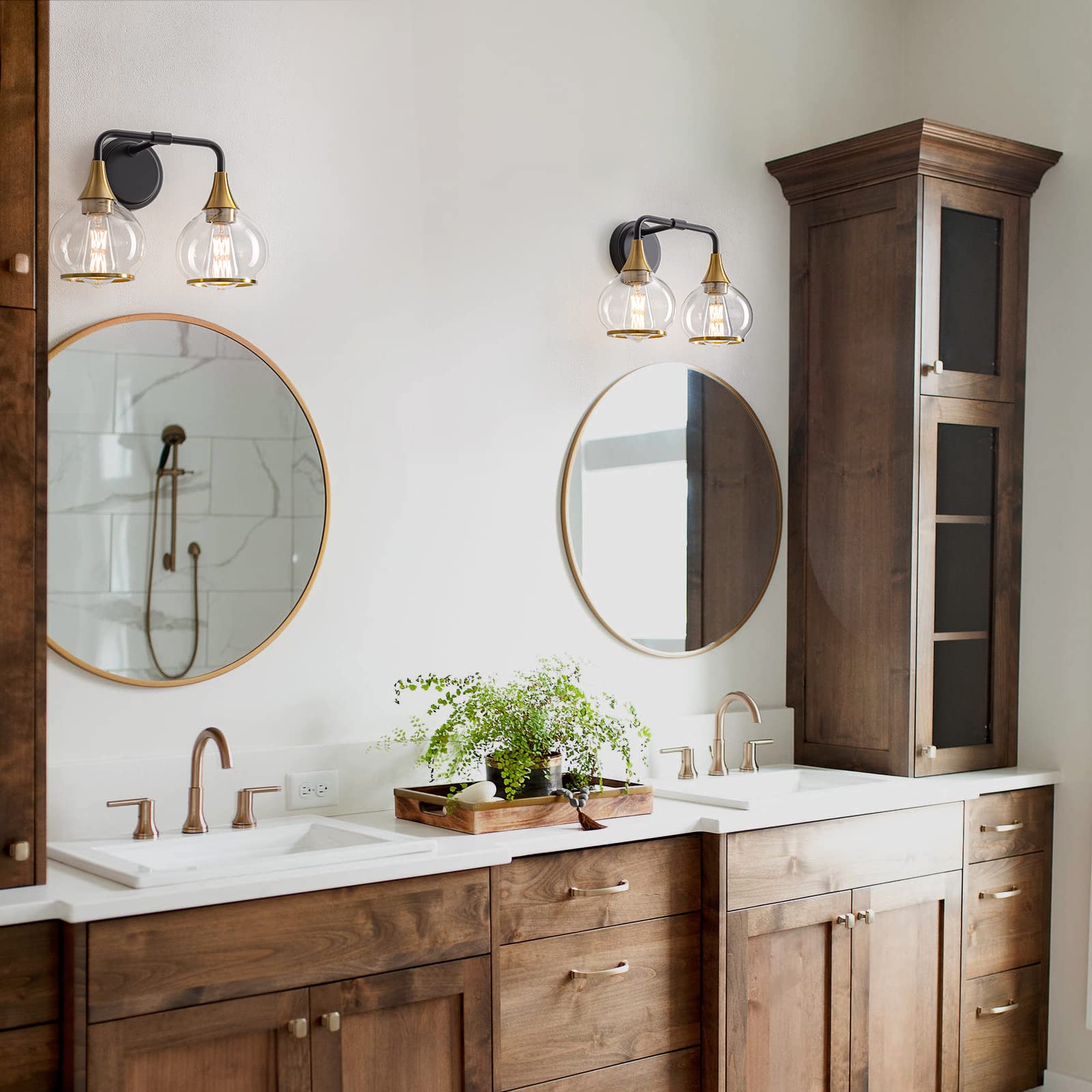 Hahzt Black And Gold Bathroom Light Fixtures 2-Lights Vanity Lights With Clear Glass Shade Bathroom Vanity Light 14 Inch Wall Sc