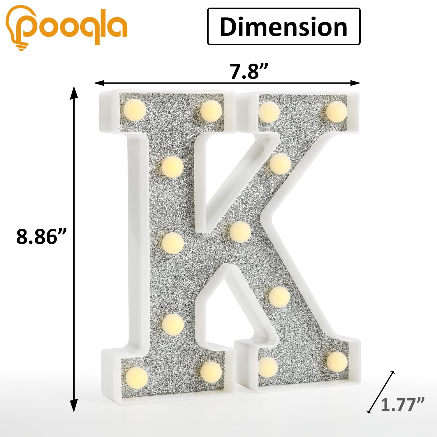 Pooqla LED Letter Lights Marquee Sign, 18 Colors with Remote, Battery Powered, Glitter Silver K