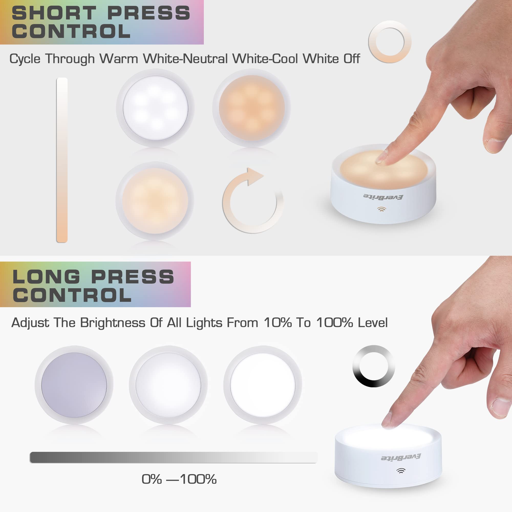 EverBrite Wireless LED Puck Lights with Remote, Dimmable, Battery Operated, 6-Pack, White, Perfect for Closets and Cabinets