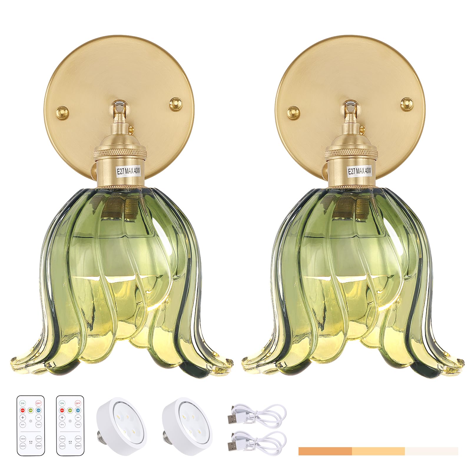 Shenmoyl Vintage Battery Operated Wall Sconces Set of Two, LED Light, Wireless, Dimmable, Glass, Green Lily, 1-94966-sconc