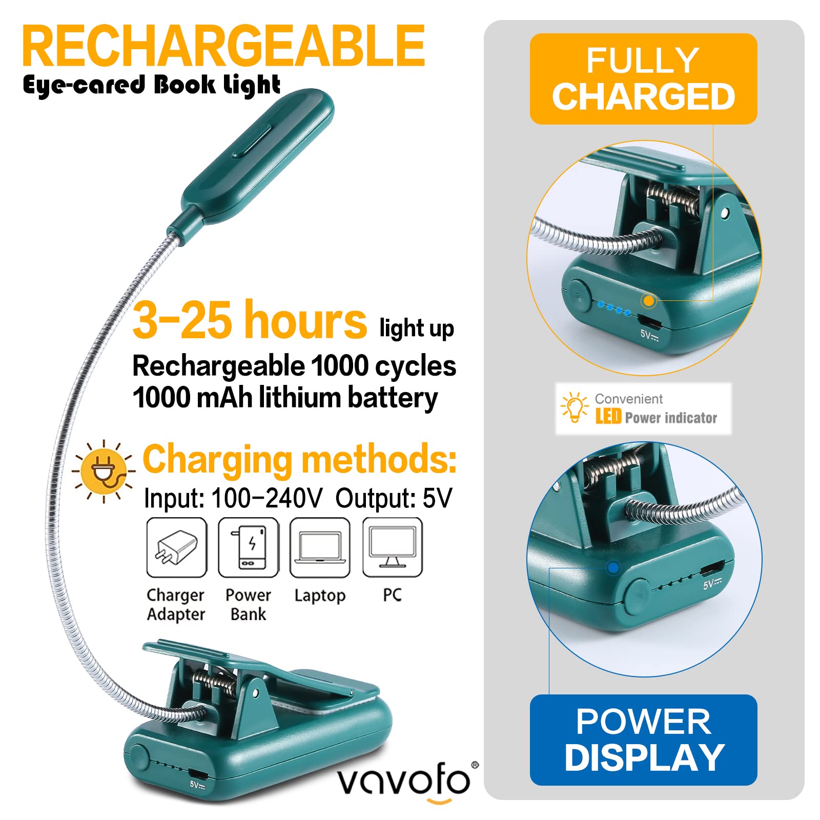 VAVOFO Rechargeable Book Light, 7 LED, 9-Level Warm Cool White, Eye Care Lamp, Model KM-6720, Green