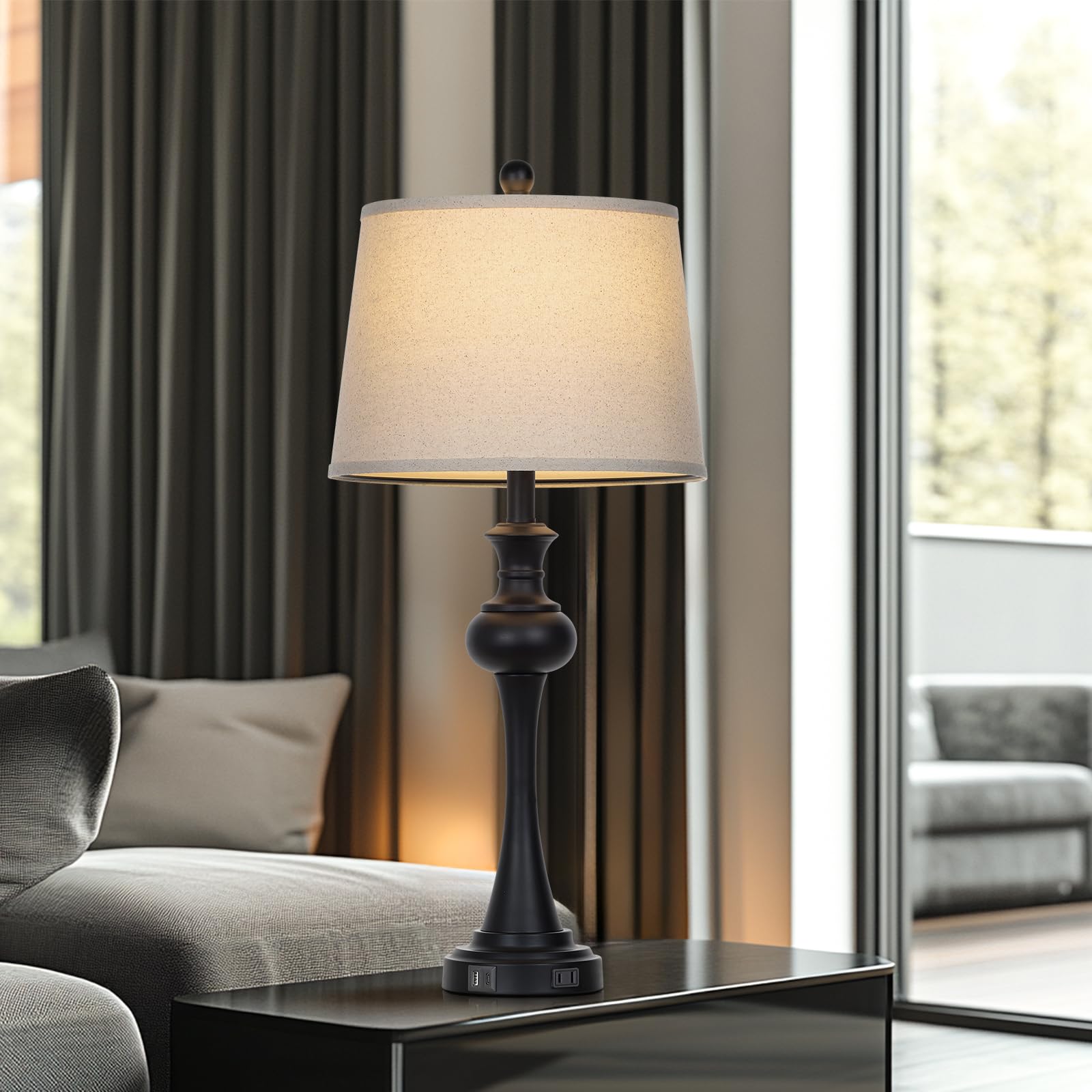 CINSARY Modern Black Metal Table Lamp with USB Ports, 28.75'' Touch Lamp for Living Room & Nightstand, Bulb Included, Model TD-CS-556-1PK