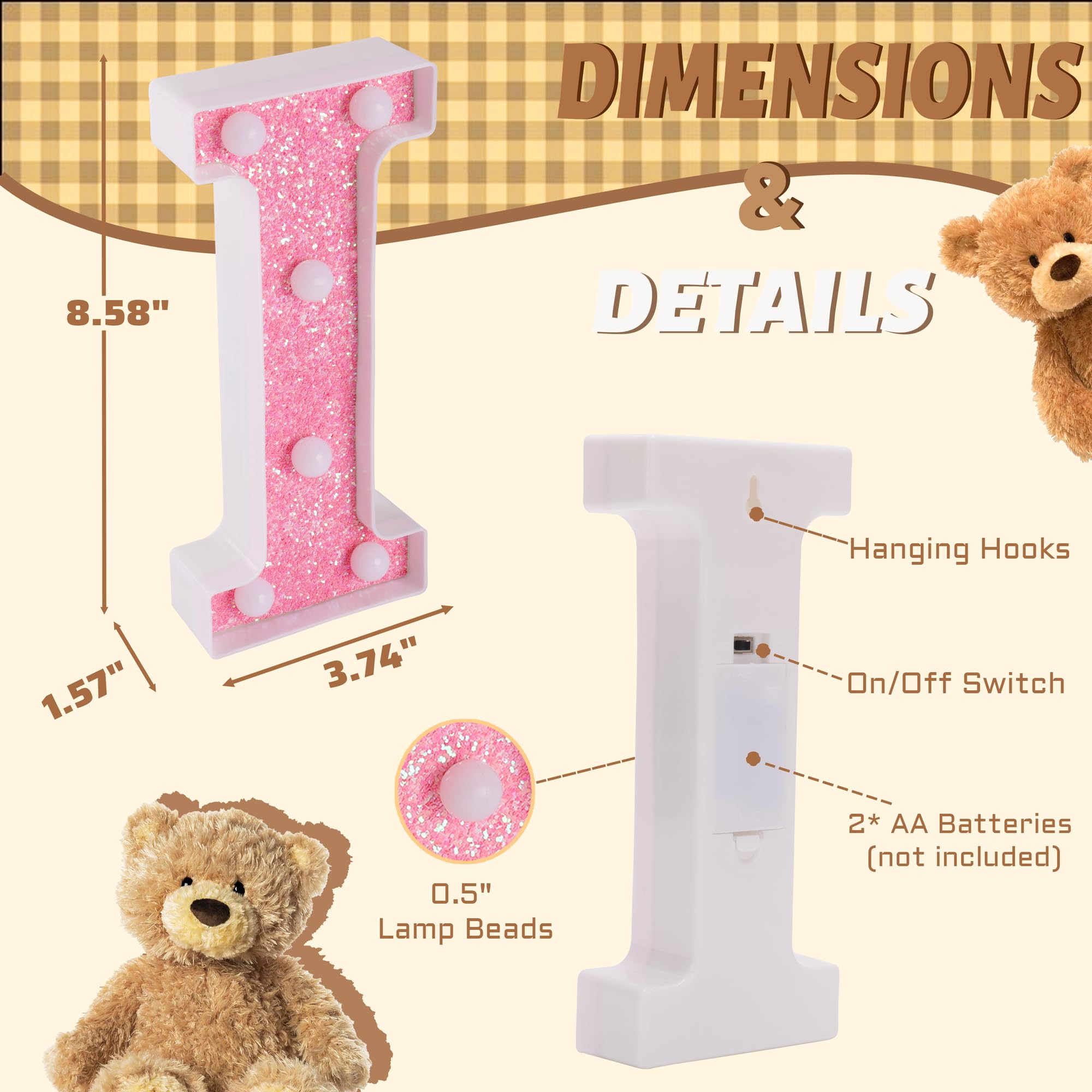 TRONSBOO LED Letter Light - Pink Glitter Marquee Sign, Battery Powered, Model I, for Home Party Decoration