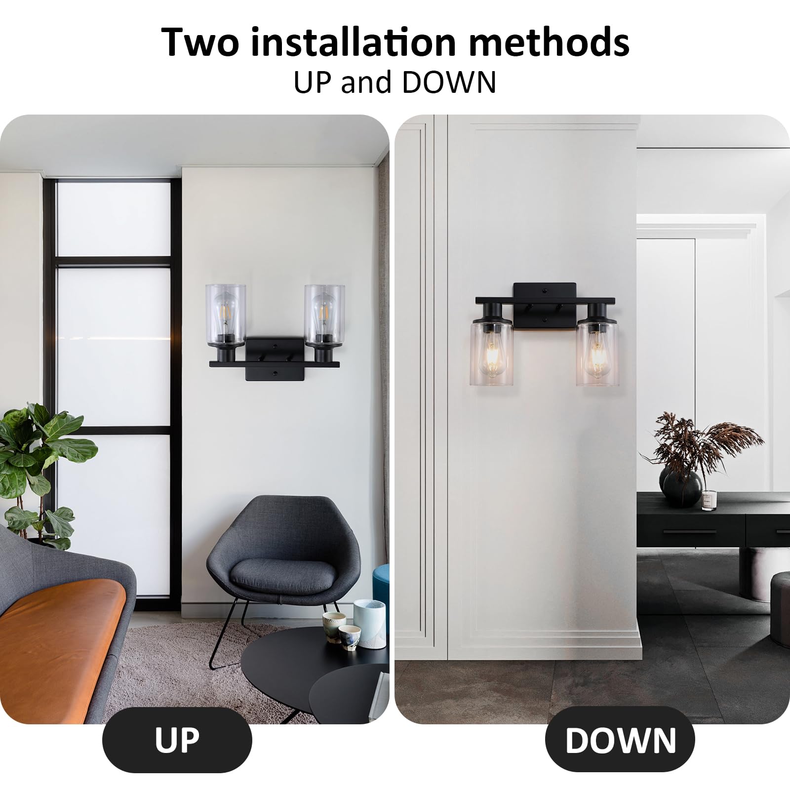 Litaddscen 2 Pack Matte Black Bathroom Light Fixtures Over Mirror,2-Light Bathroom Vanity Light With Clear Glass Shade,Modern Fa