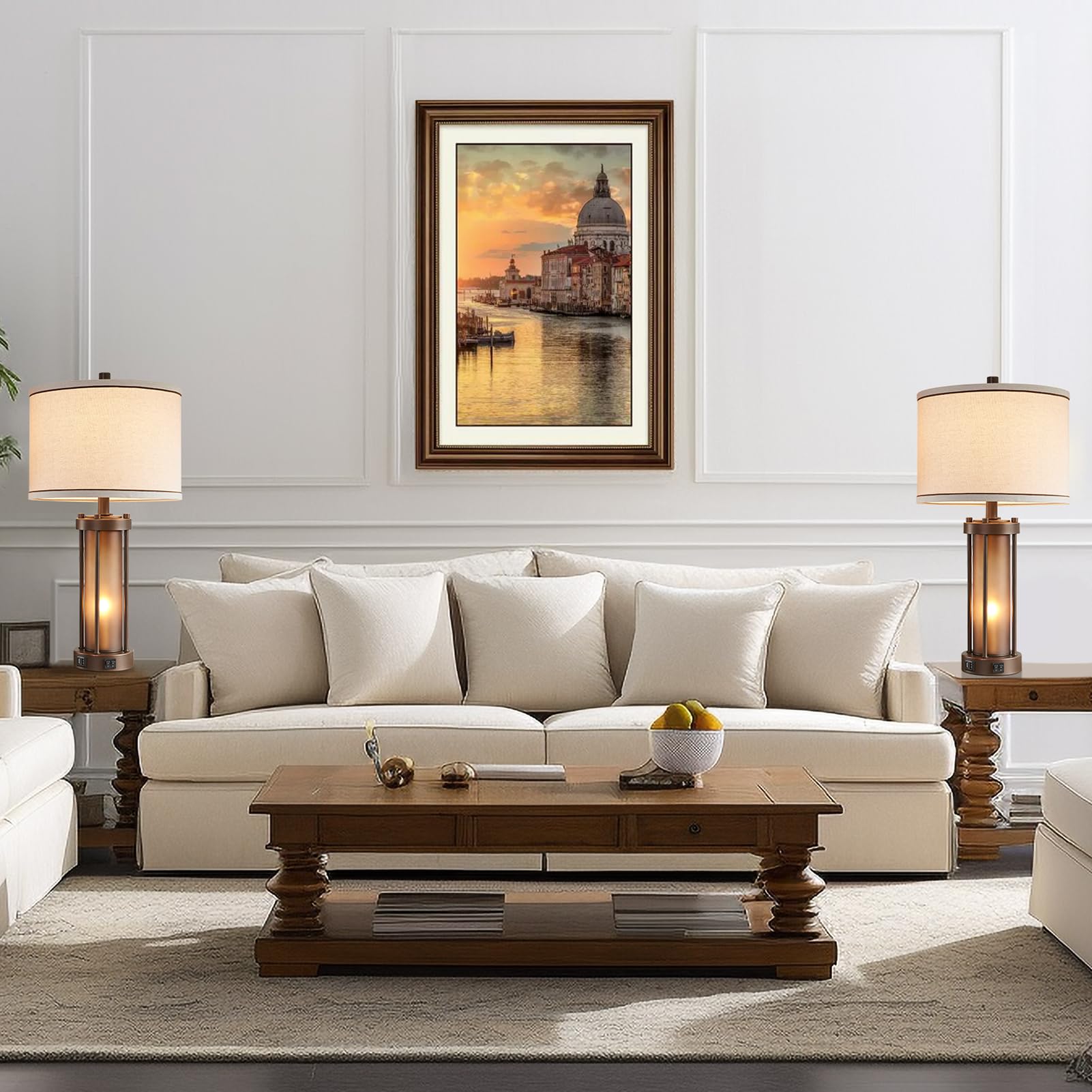 RORIA Set of 2 Farmhouse Table Lamps with USB Ports, Vintage Amber Glass, Brown, Model FBA-LM08895B, 4 Bulbs Included