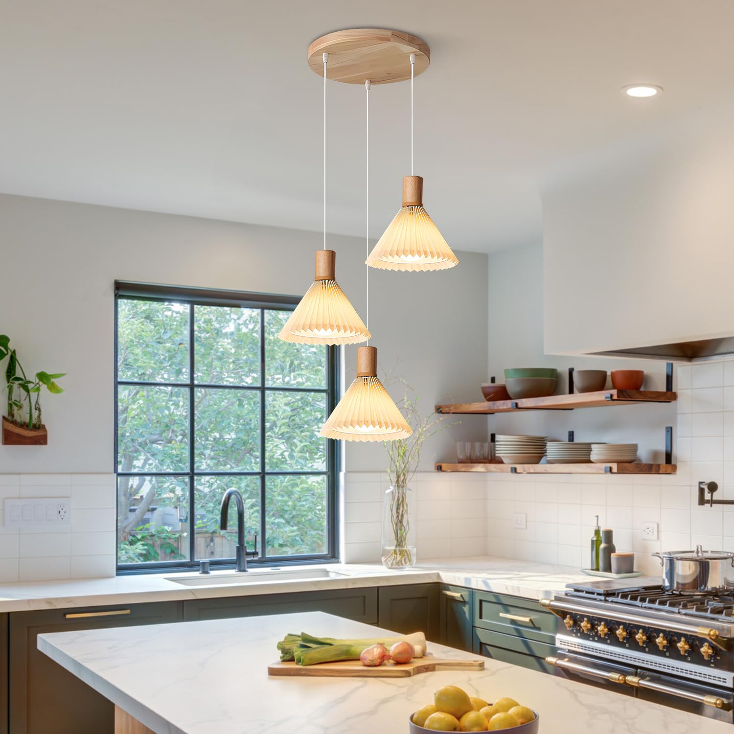 Kco 3-Light Vintage Pleated Chandelier - Industrial Farmhouse Wood Pendant Lighting