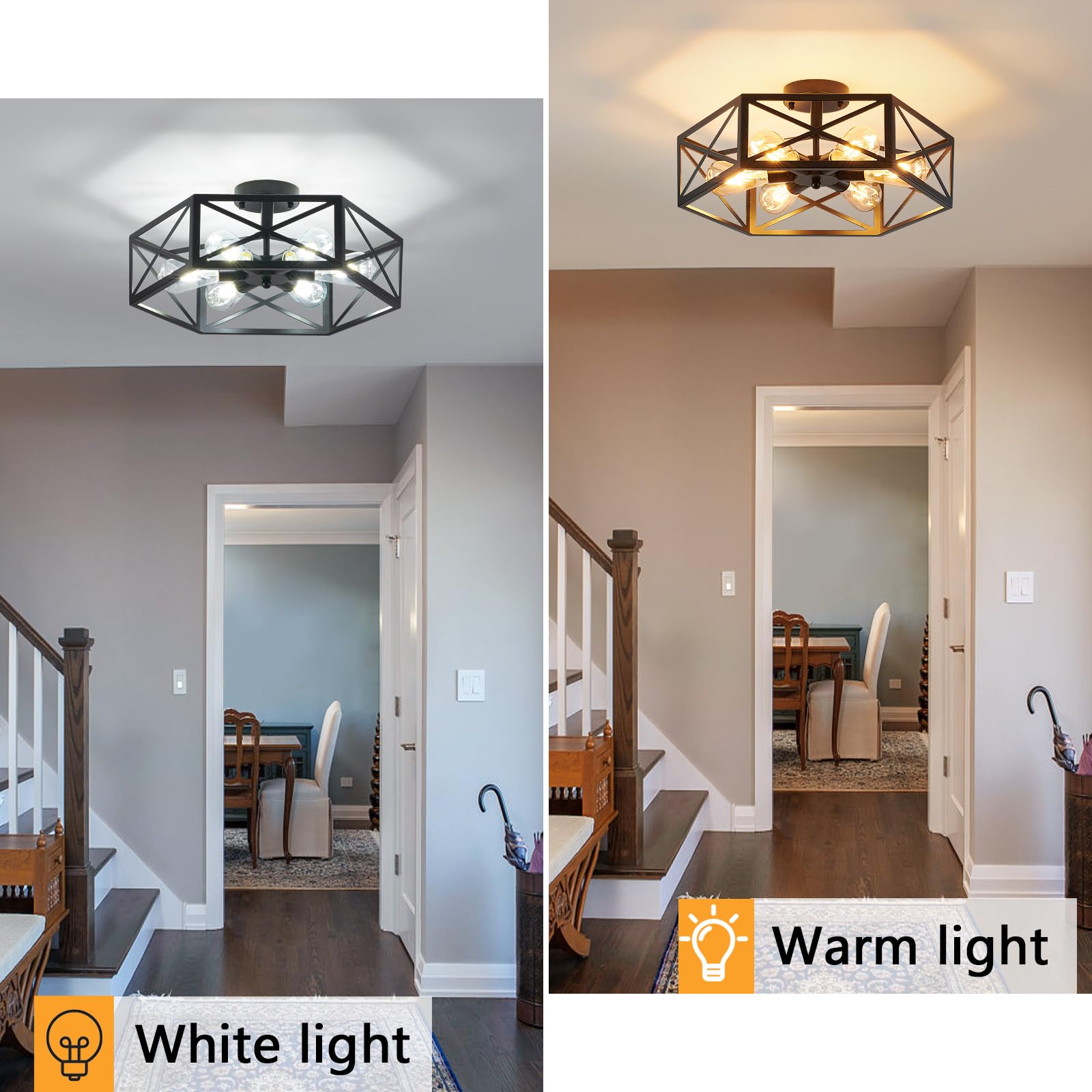 XSDeTu 6-Light Semi Flush Mount Ceiling Light Fixture, Black Metal Chandelier for Kitchen, Dining Room, Hallway, Model DeTu-PHexagon-6Black