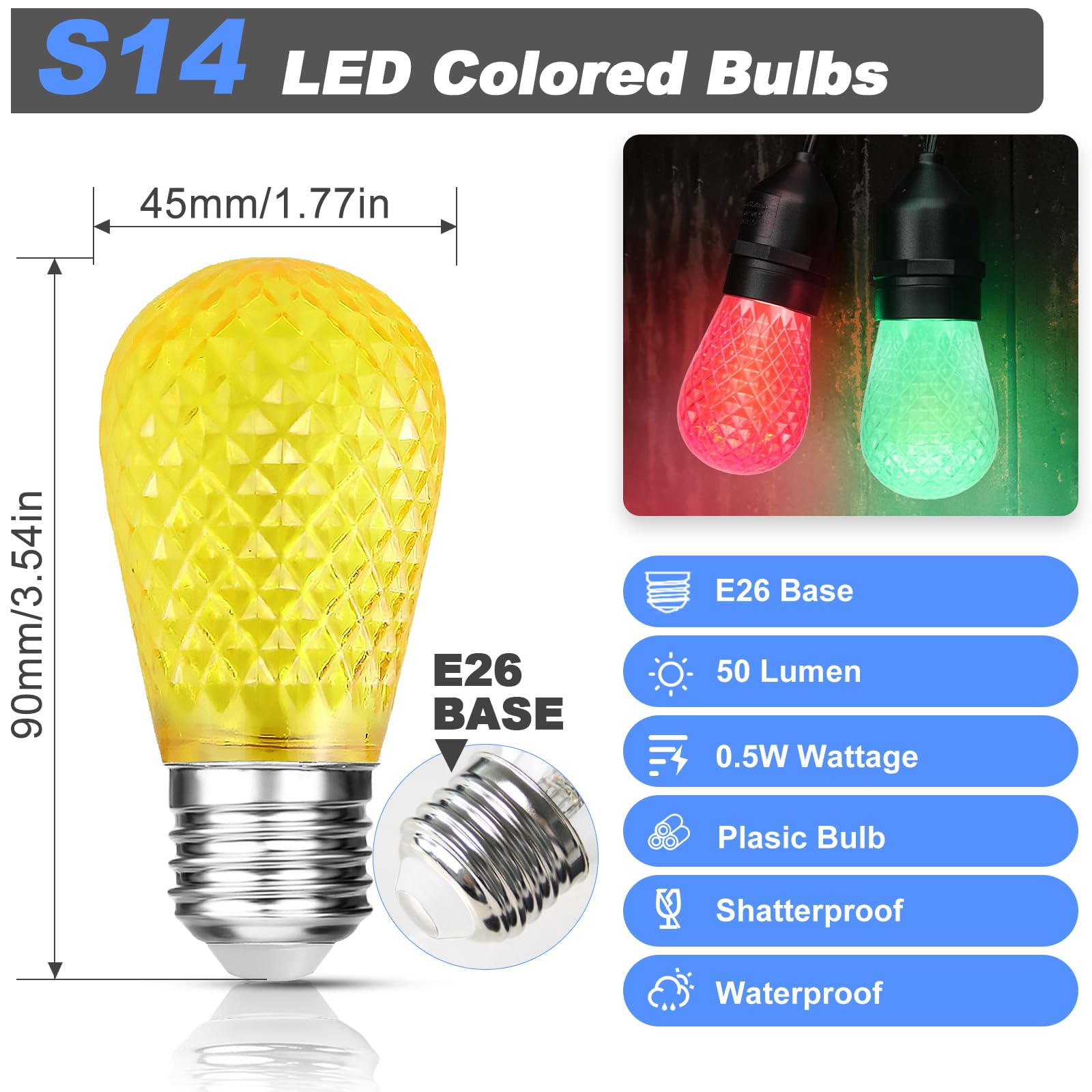 Brimax S14 Led Colored Light Bulbs With Faceted Surface Outdoor Indoor String Light Replacement Bulbs Plastic Shatterproof  E26 Base  For Christmas Halloween Party And Holiday Decor 15 Pack