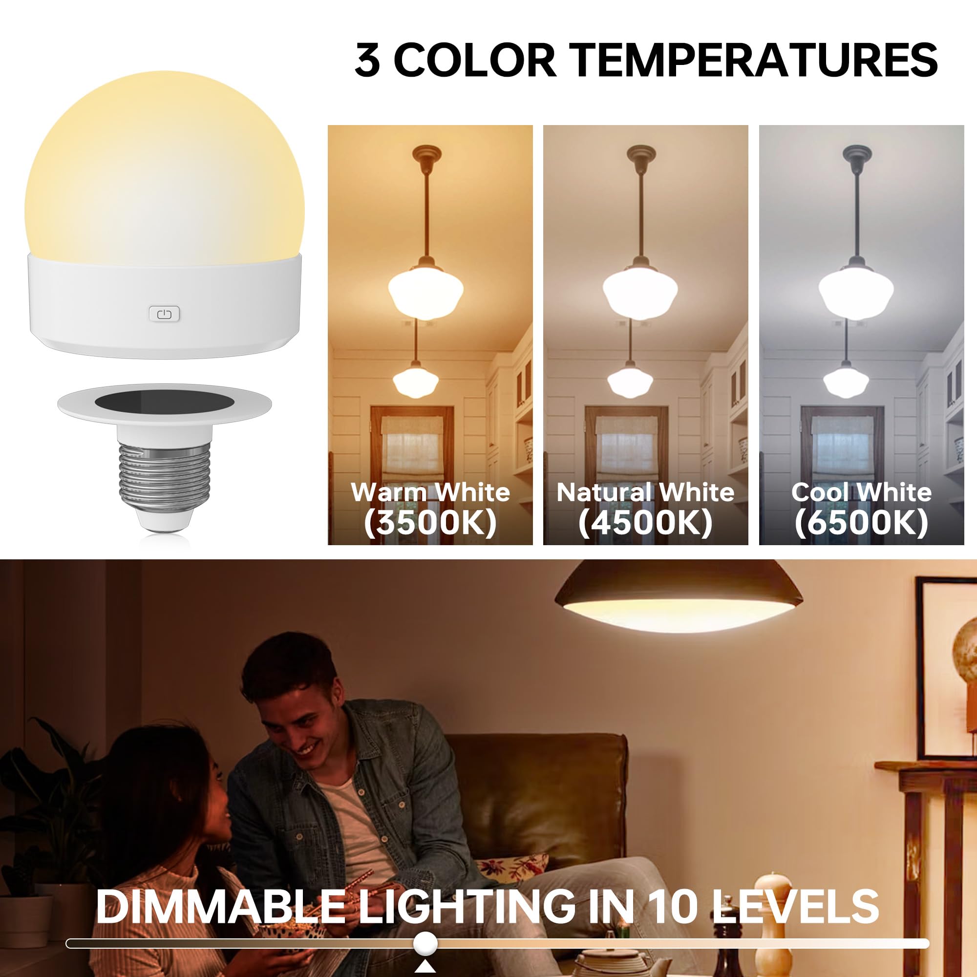 KINDEEP Rechargeable LED Night Light Bulb, 3000mAh with Remote, 400LM, 3 Color Temperatures, RGB, Wireless E26, White, 2pcs