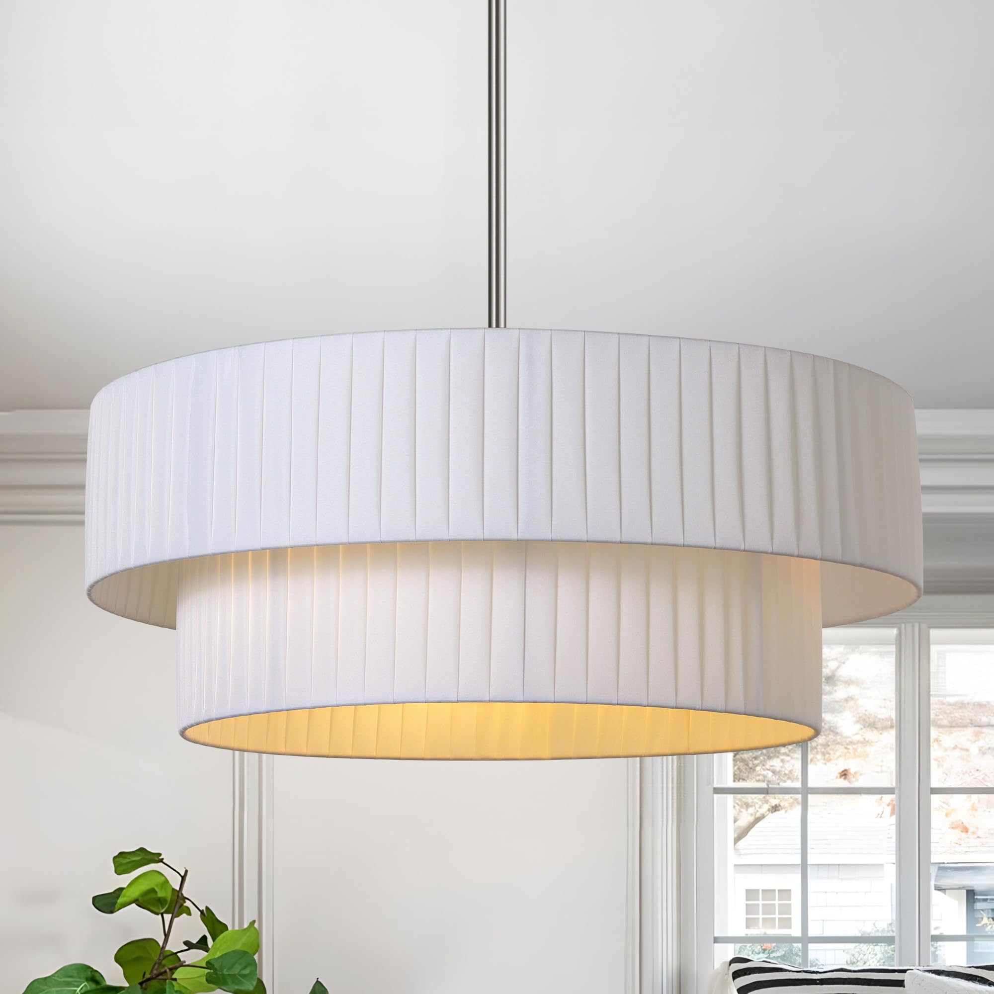 Lamqee Fabric Chandelier, Curve Double Layer Ceiling Light Fixture With Adjustable Fabric Shade Modern Pendant Light (Drum-Nicke