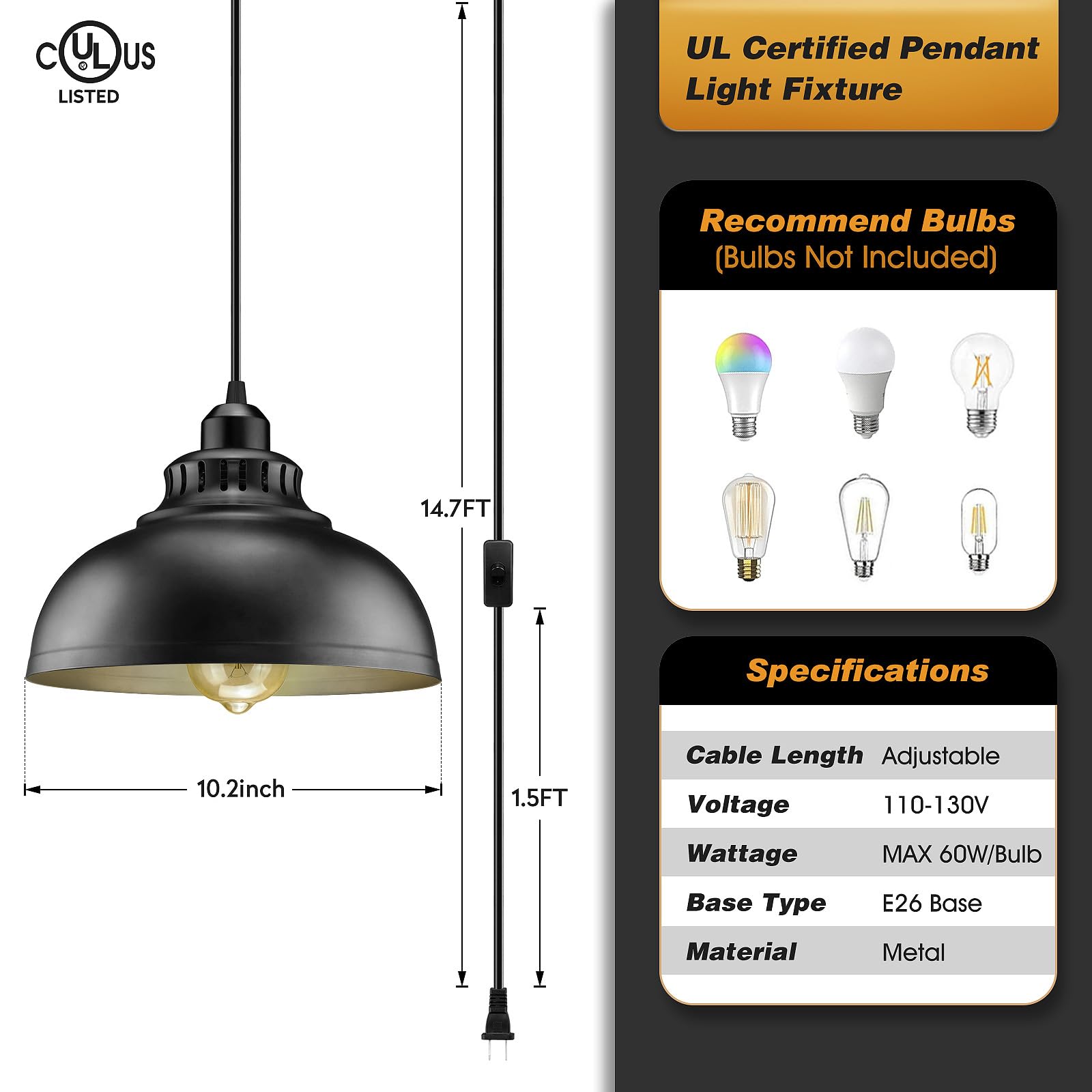 Plug In Pendant Light, 15Ft Hanging Lights With Plug In Cord, On/Off Switch, Industrial Pendant Light With Plug In Cord, Metal H
