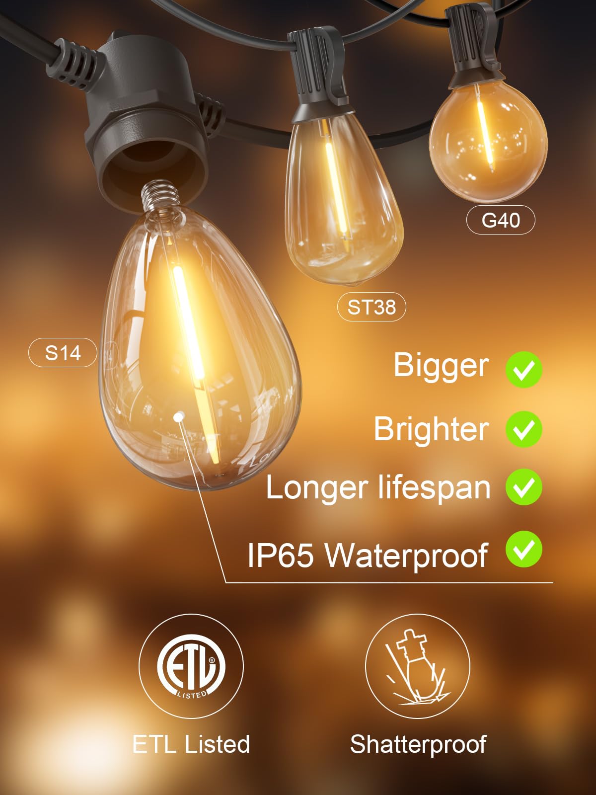 Svater Outdoor String Lights, 200FT Shatterproof Waterproof Black Hanging Lights, Model IL-E12-1810030
