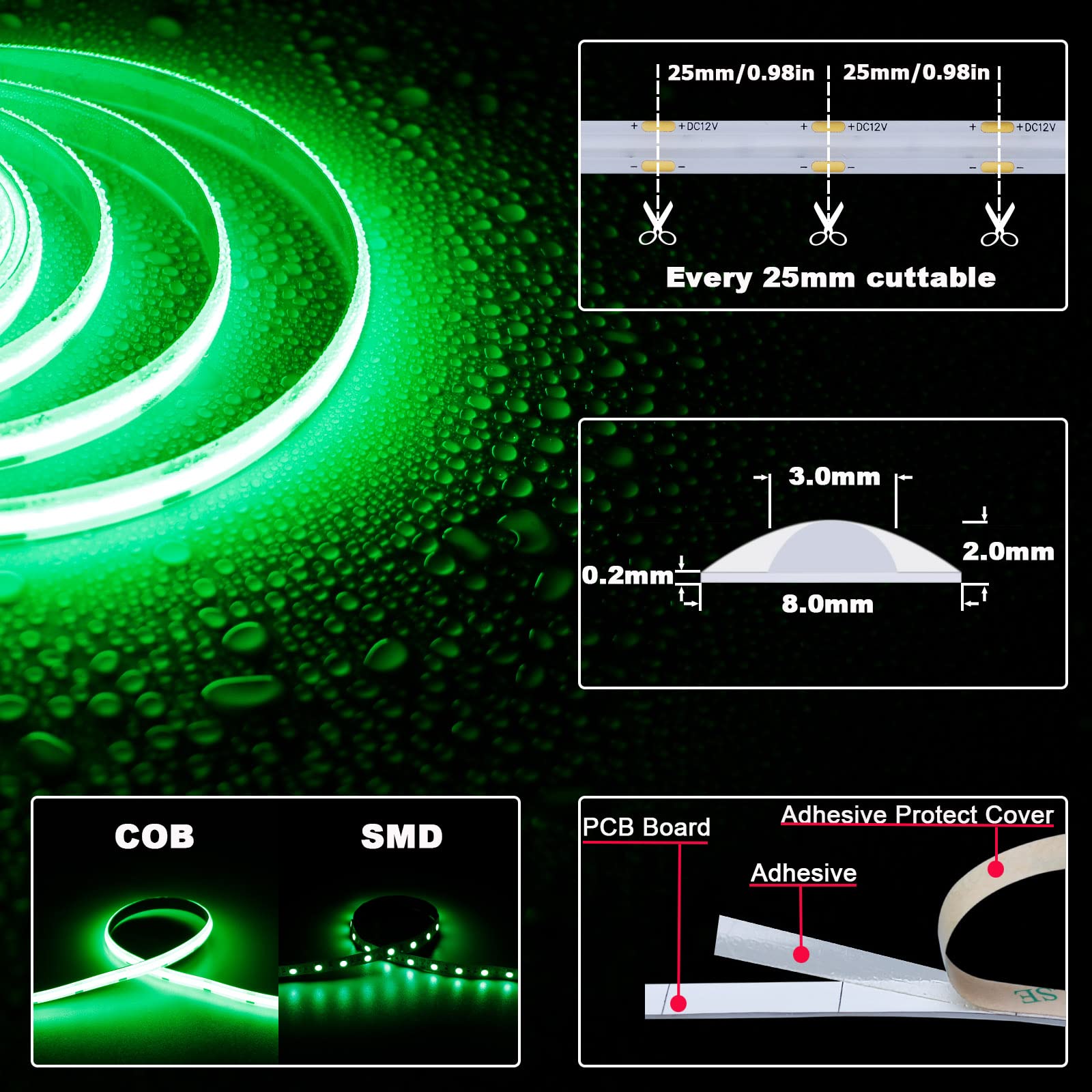TOPAI 12V COB LED Strip Light, 16.4ft Waterproof Green, 480 LEDs/M, Flexible for Boat & Home Projects