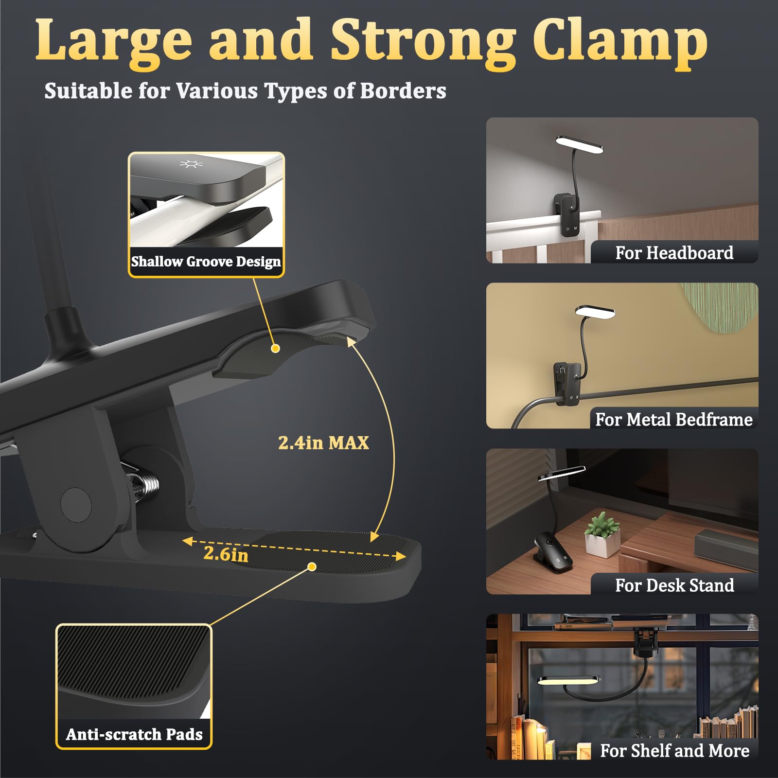 Hecdstly Clip On Desk Lamp, Battery Powered Reading Light With Strong Clamp - 5 Colors 5 Brightness, Usb Rechargeable Portable Cordless Book Lamp For Bed Headboard Table Bedside Home Office (Black)