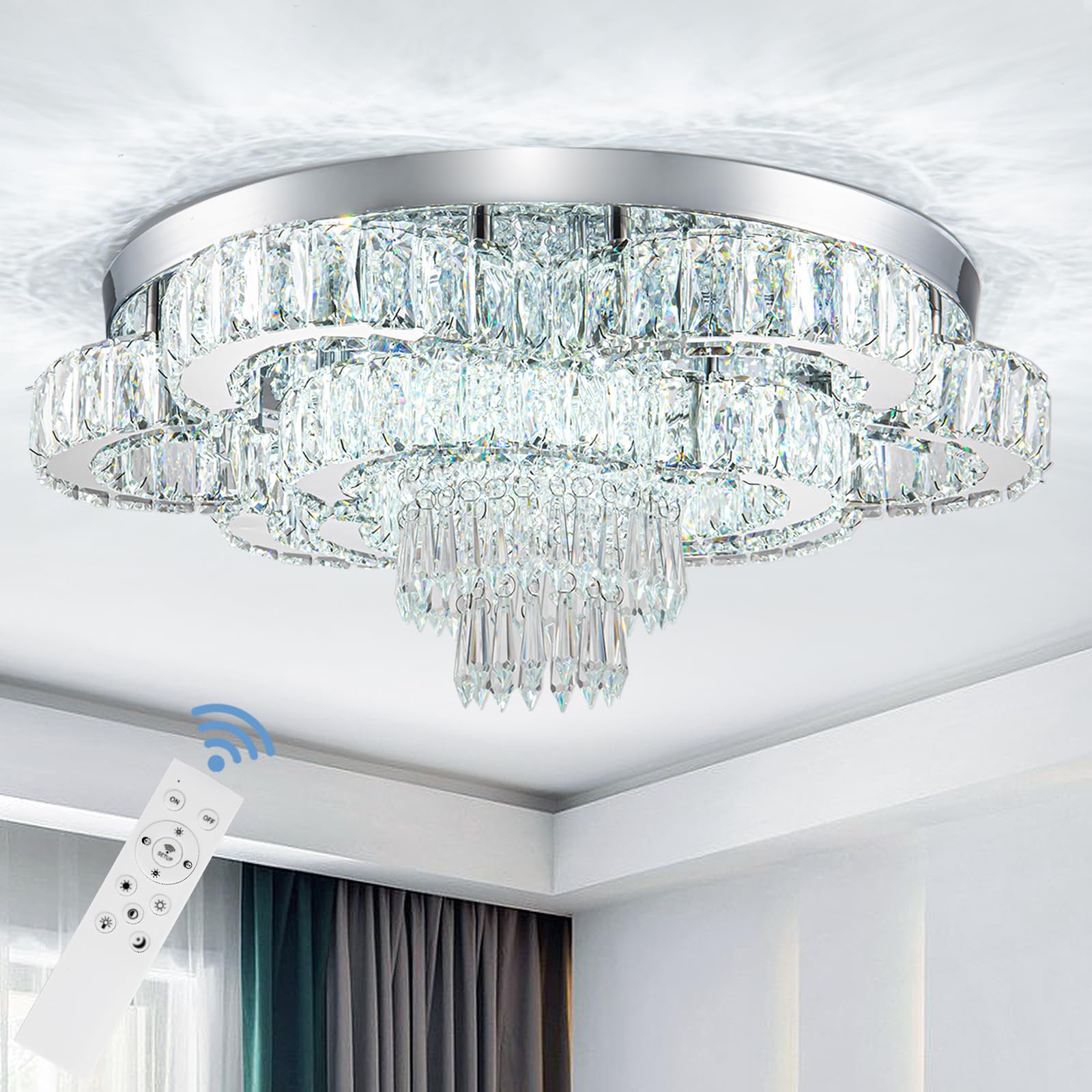 HongnuoFc 21 Inch Crystal Chandeliers with Remote Control LED Chandelier Modern Mount Flush Mount Chandelier Ceiling Light Fixtu