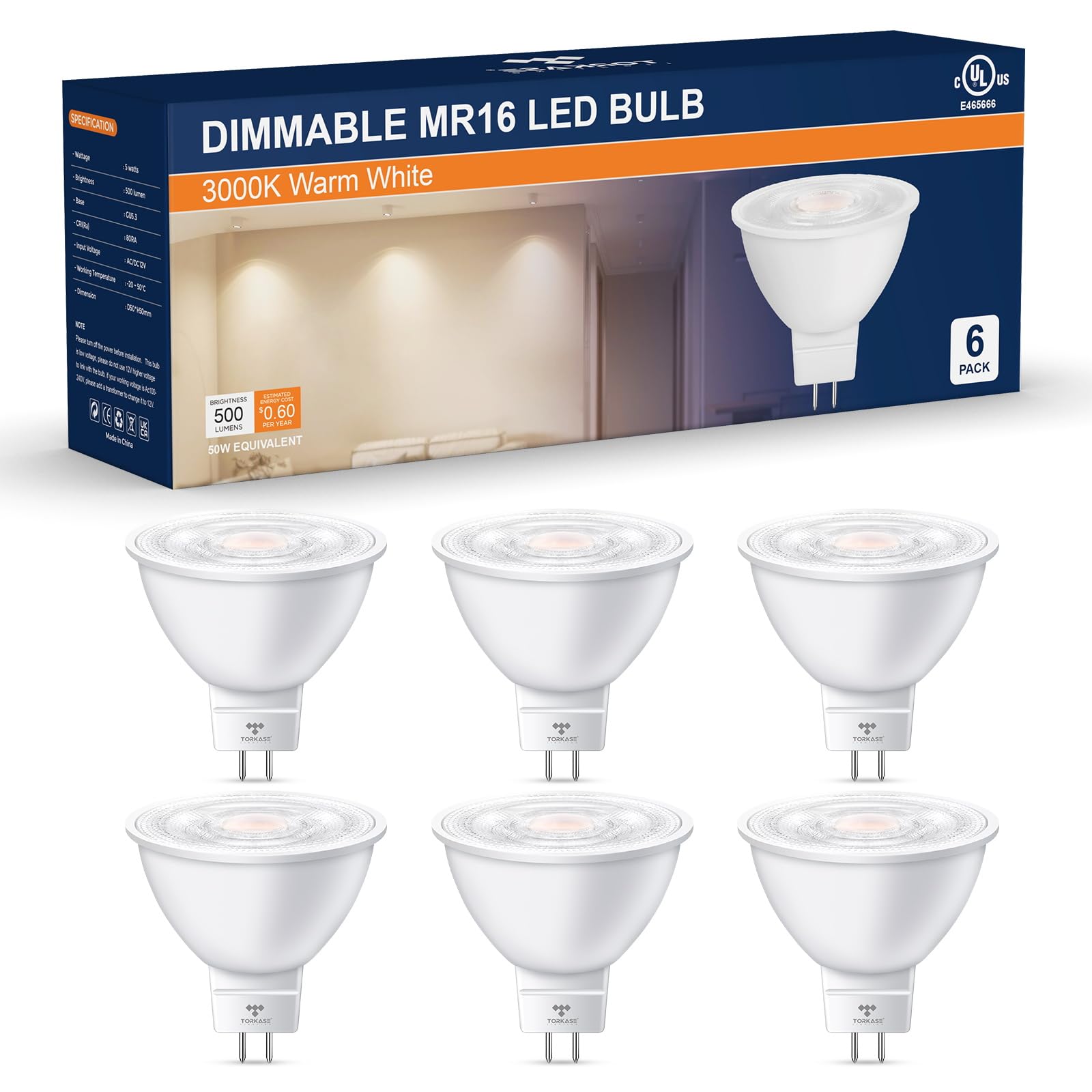 Torkase MR16 LED Bulbs 5W GU5.3 12V Dimmable 6 Pack, 3000K Soft White, 500LM, UL Listed