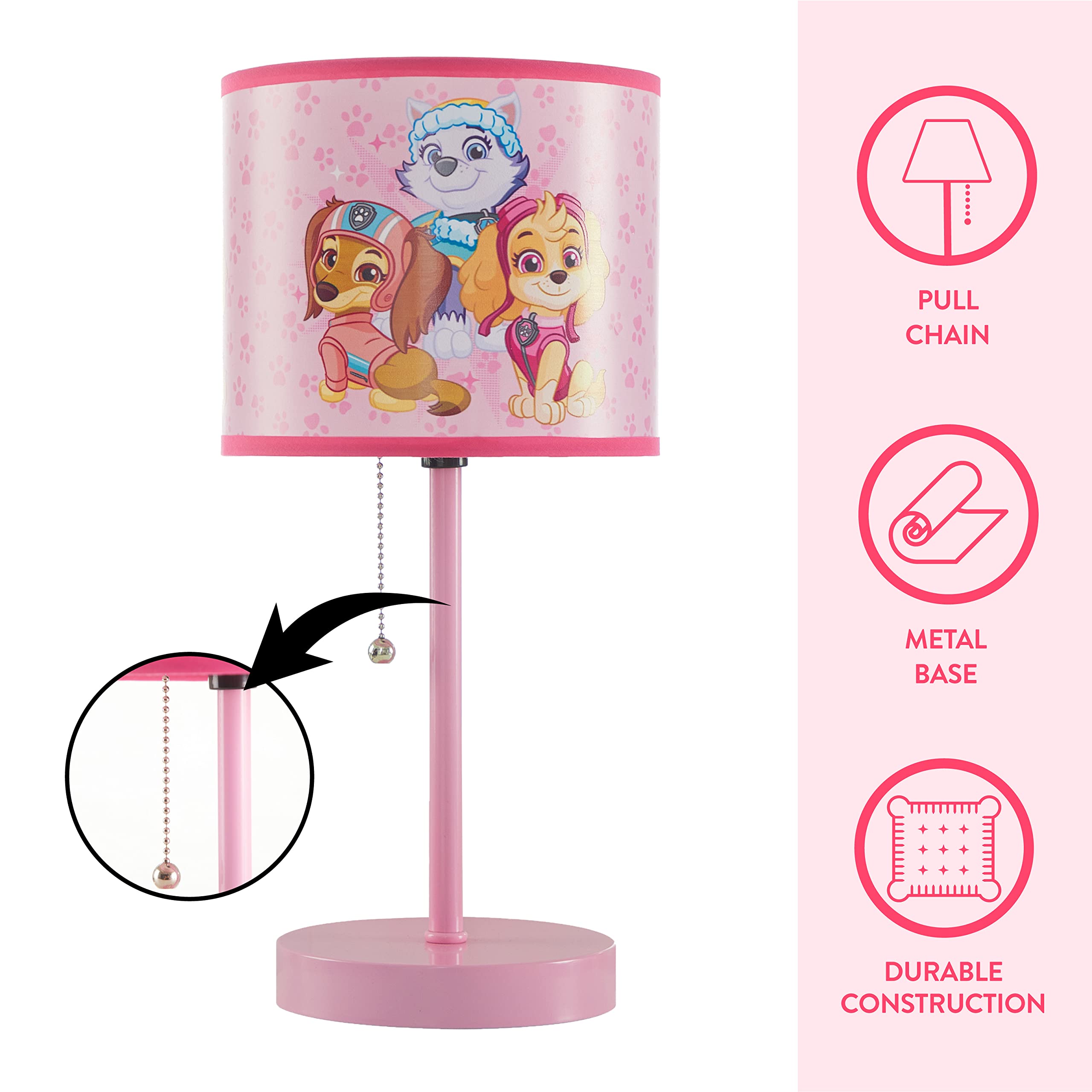 Idea Nuova Kids Lamp - Paw Patrol Everest, Liberty & Skye - Metal, Themed Decorative Shade, Model WN350688