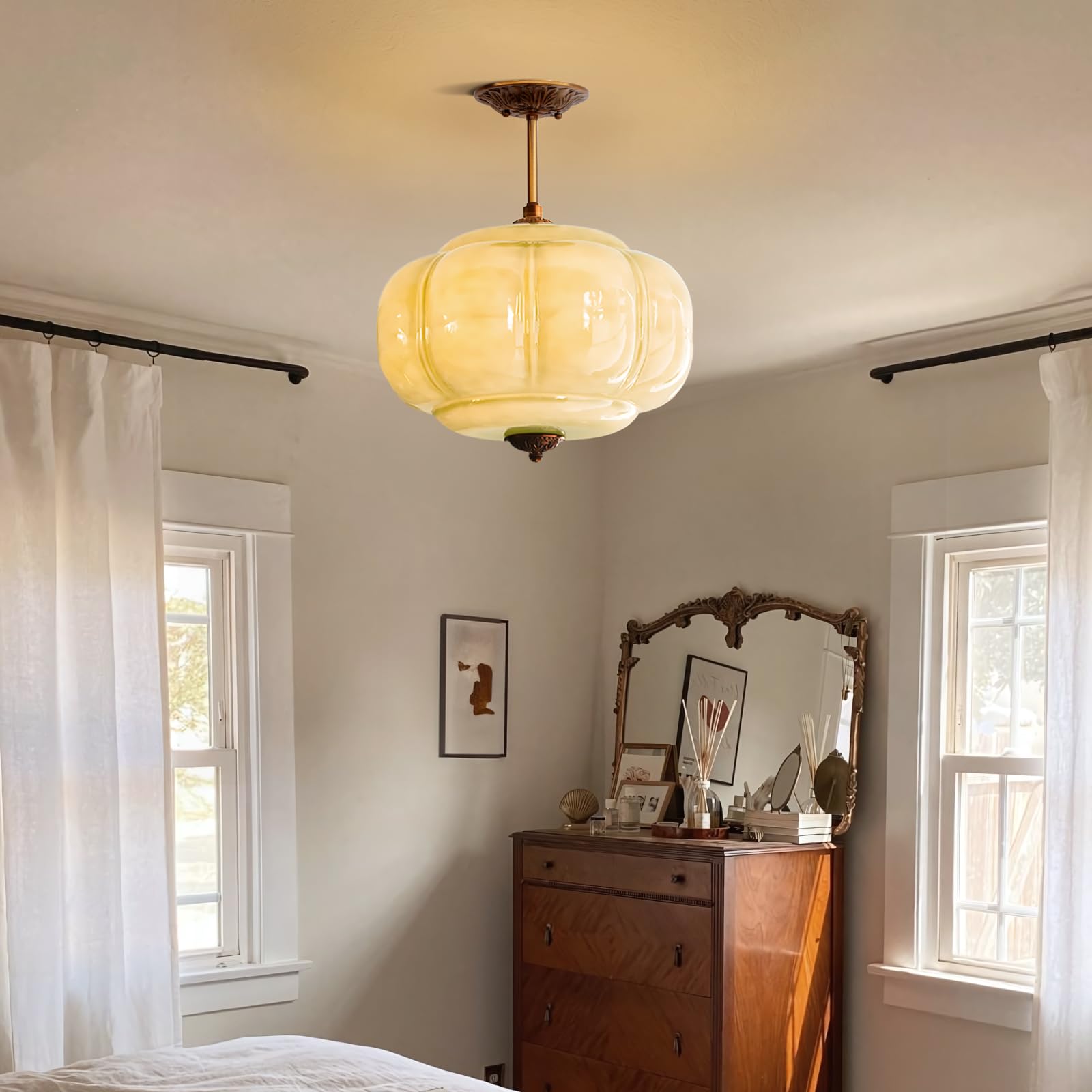 CKENSU Milk Glass Ceiling Light Fixture, Antique Brass Semi Flush Mount, 15 inch, Green, Model RXZER1110