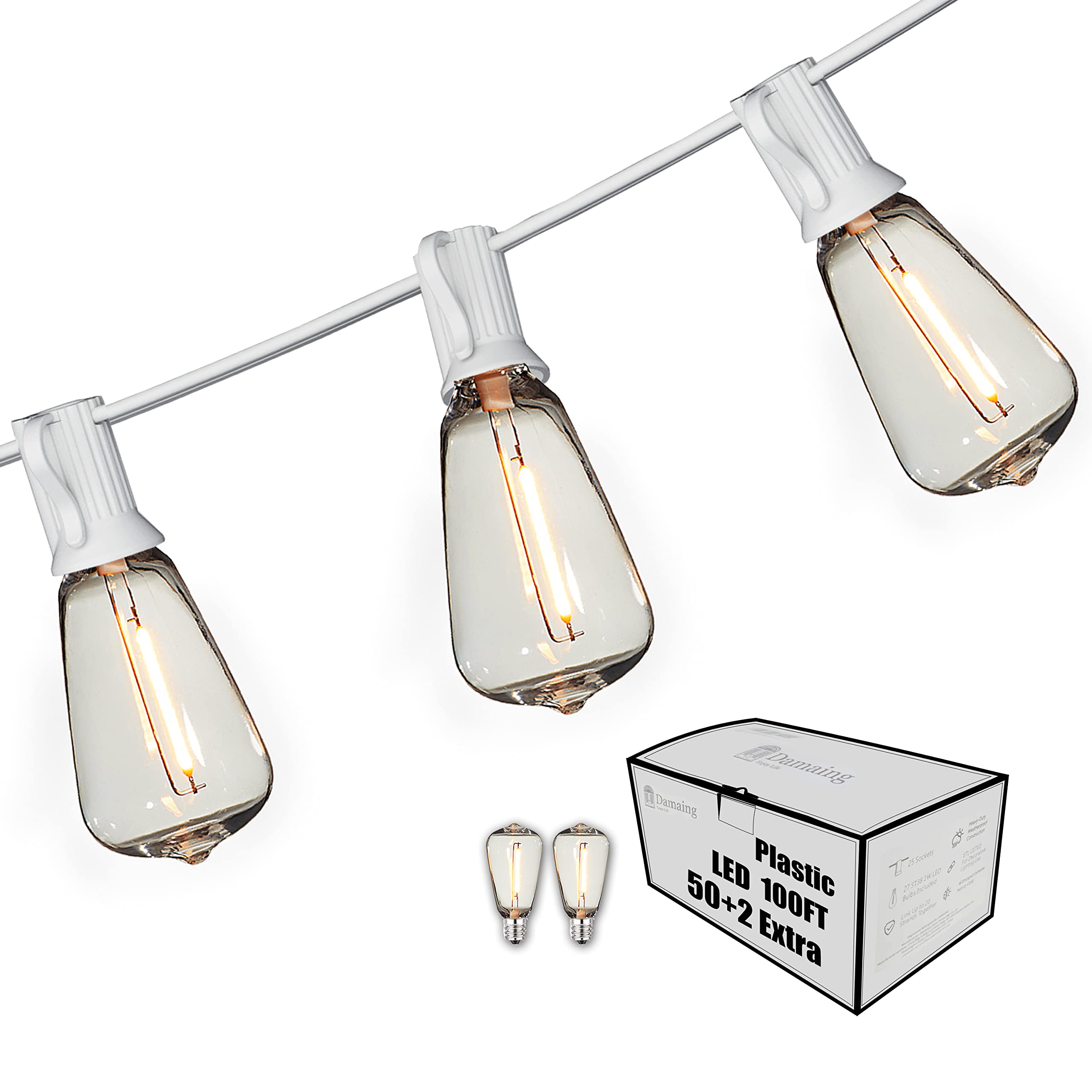 DAMAING LED Outdoor String Lights 100FT with 52 Shatterproof Bulbs, Dimmable, Waterproof, White, Model US100050-White