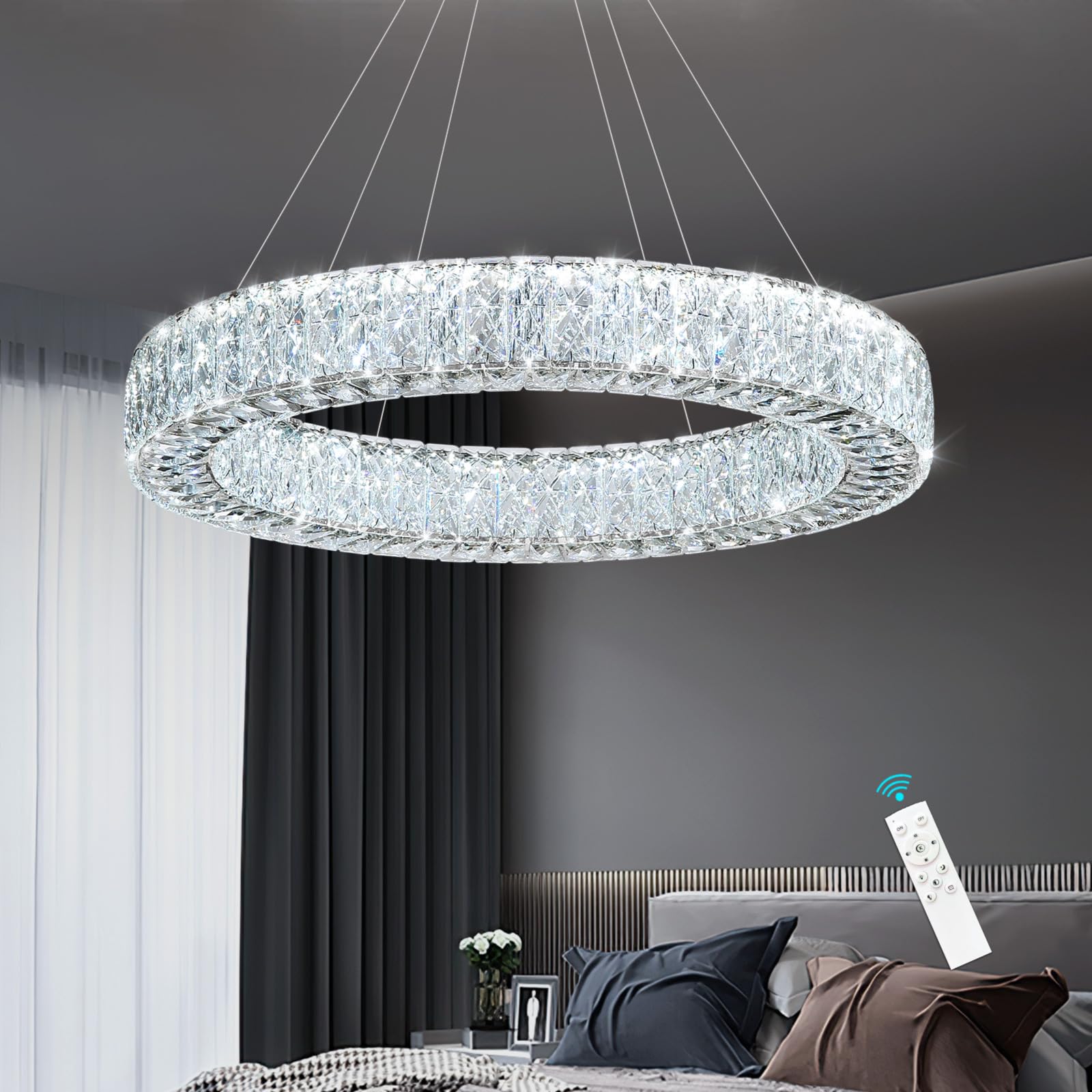 YLKP 32 Inch Chandelier Glam Dimmable LED Crystal Chandeliers Elegant Round Pendant Lighting Fixtures for Dining Room Bedrooms Silver