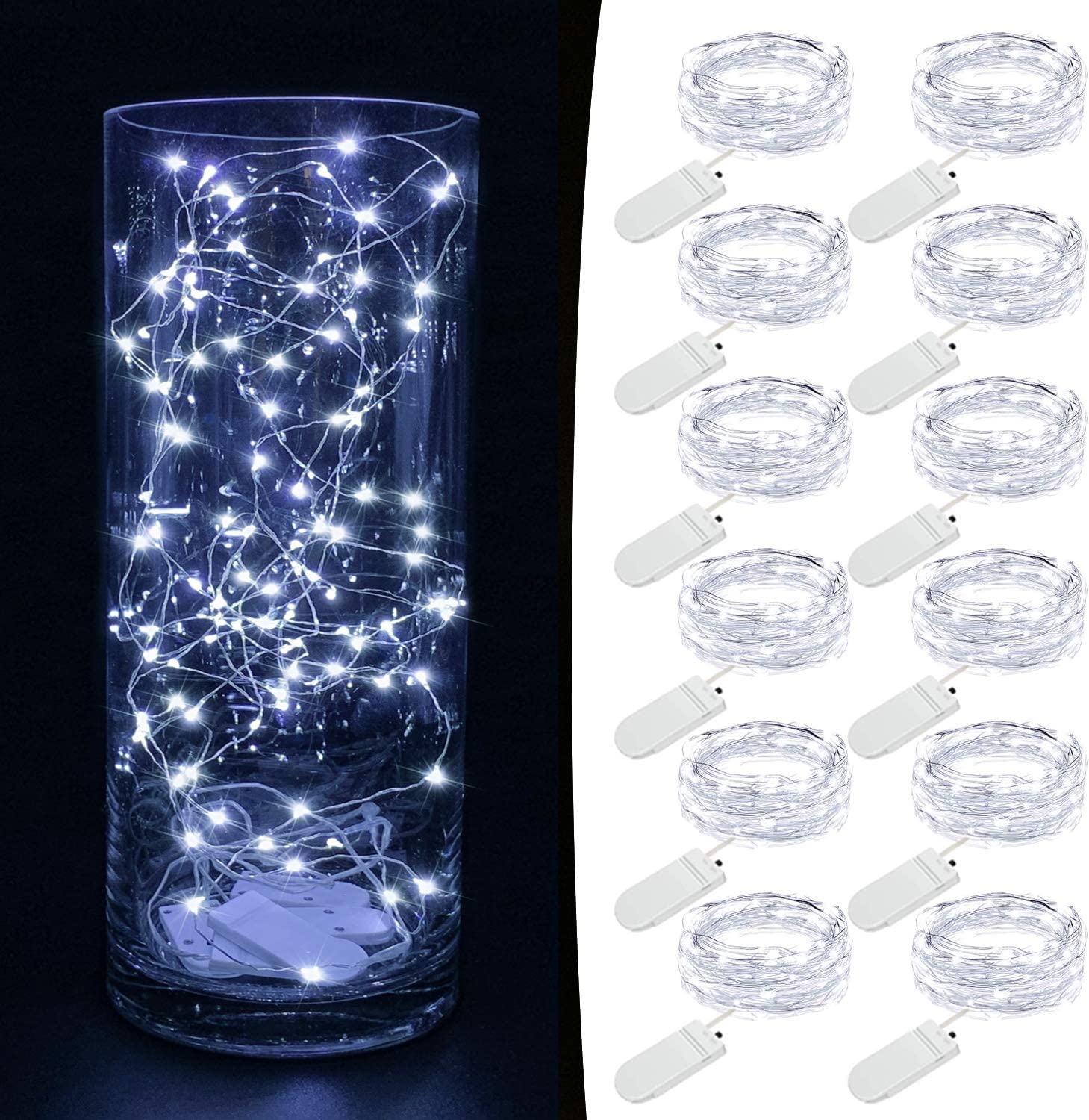 MUMUXI Fairy Lights 12 Pack, 7.2ft Battery Operated String Lights, 20 Mini LEDs, Cool White, Perfect for Weddings and Home Decor