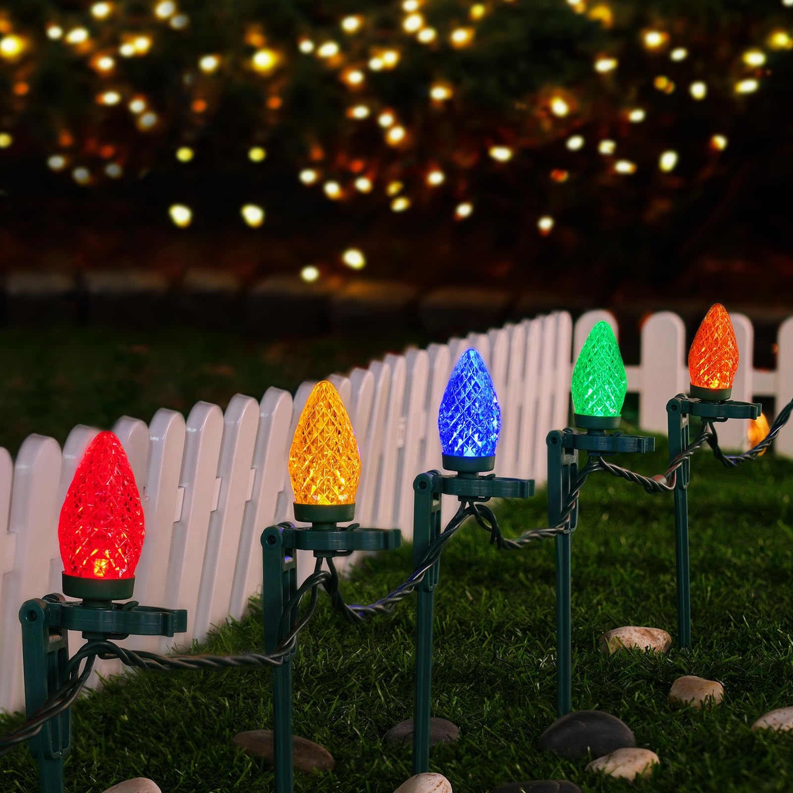 SURAIELEC C9 Christmas Pathway Lights, 25FT Outdoor Christmas Light with 25 Stakes, 25 Multicolored LED Bulbs, Connetable String