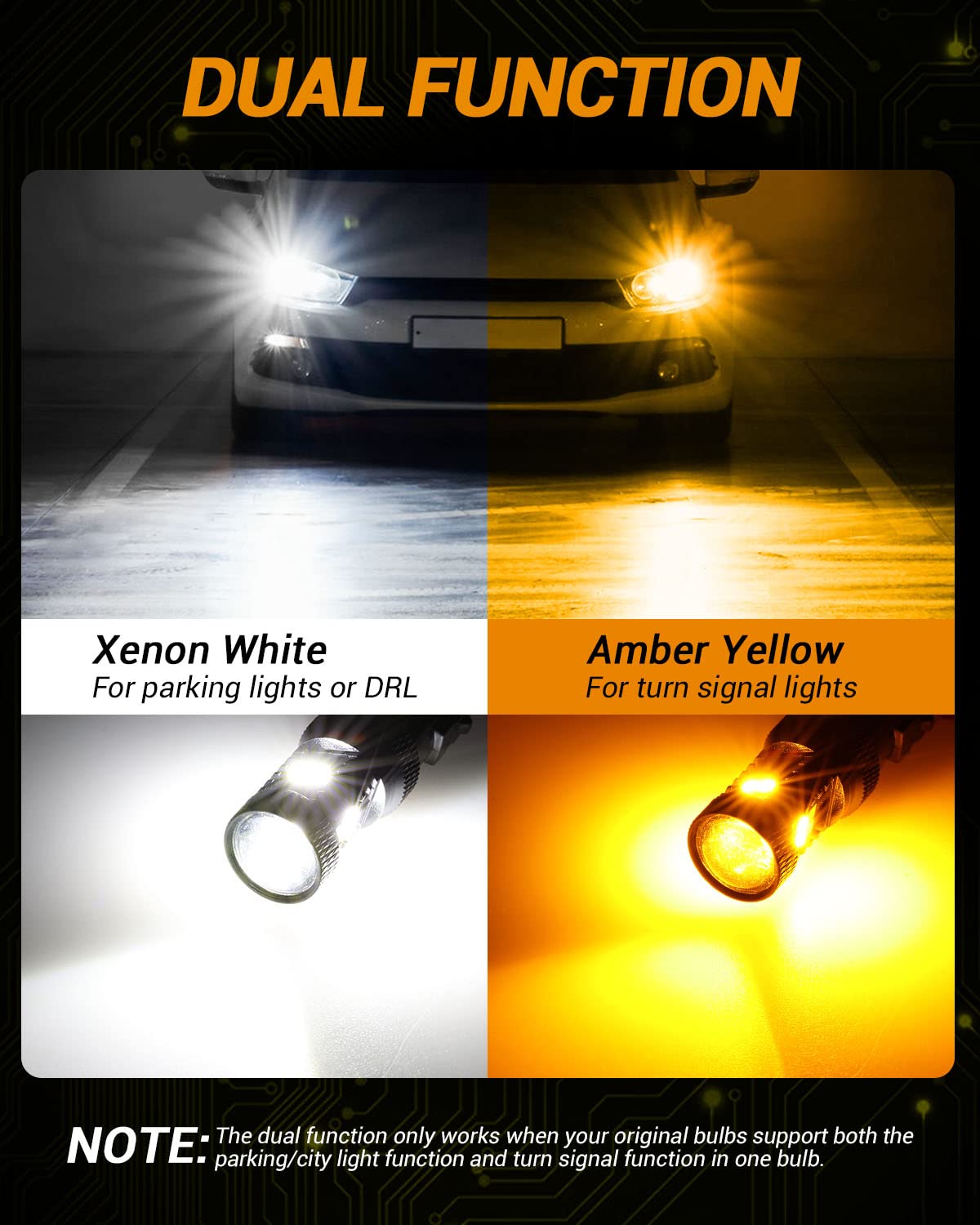 Auxbeam 3157 LED Bulbs P27/5W, Dual Color White & Amber, Aluminum, 300% Brighter, Model 16-3030SMDWY-5W-