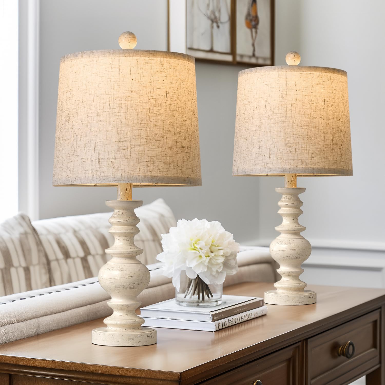BOBOMOMO Rustic Table Lamp Set of 2, 20.5in Vintage Resin Lamps for Living Room, Bedroom, Color 2, Model AMZ-T2026LIN