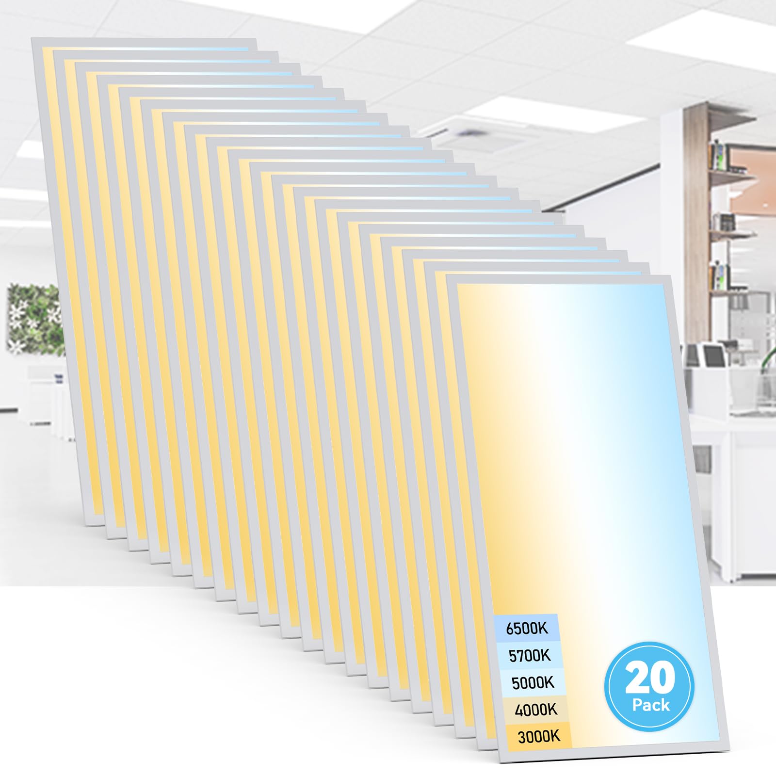 Aikvsxer 20 Pack 2X4 Led Flat Panel Light - Selectable 5 Cct 3000K-6500K & 5 Wattage 30-70W 7700Lm 0-10V Dimmable 2X4 Led Drop C