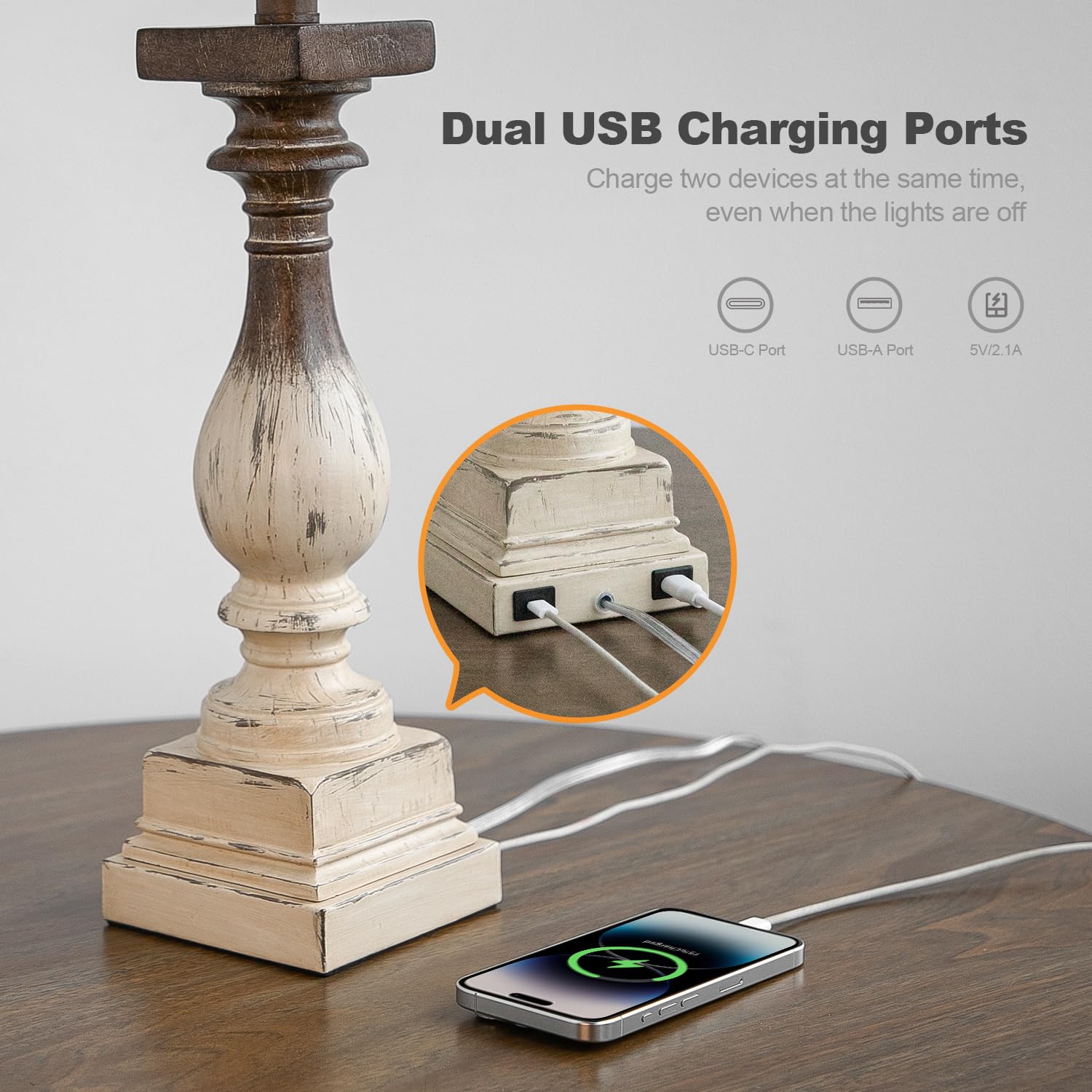 Bobomomo 27'' Farmhouse Table Lamps With Usb-A +C Ports, Vintage Rustic Side Table Lamps Set Of 2, Linen Shade, Retro Bedside Ni