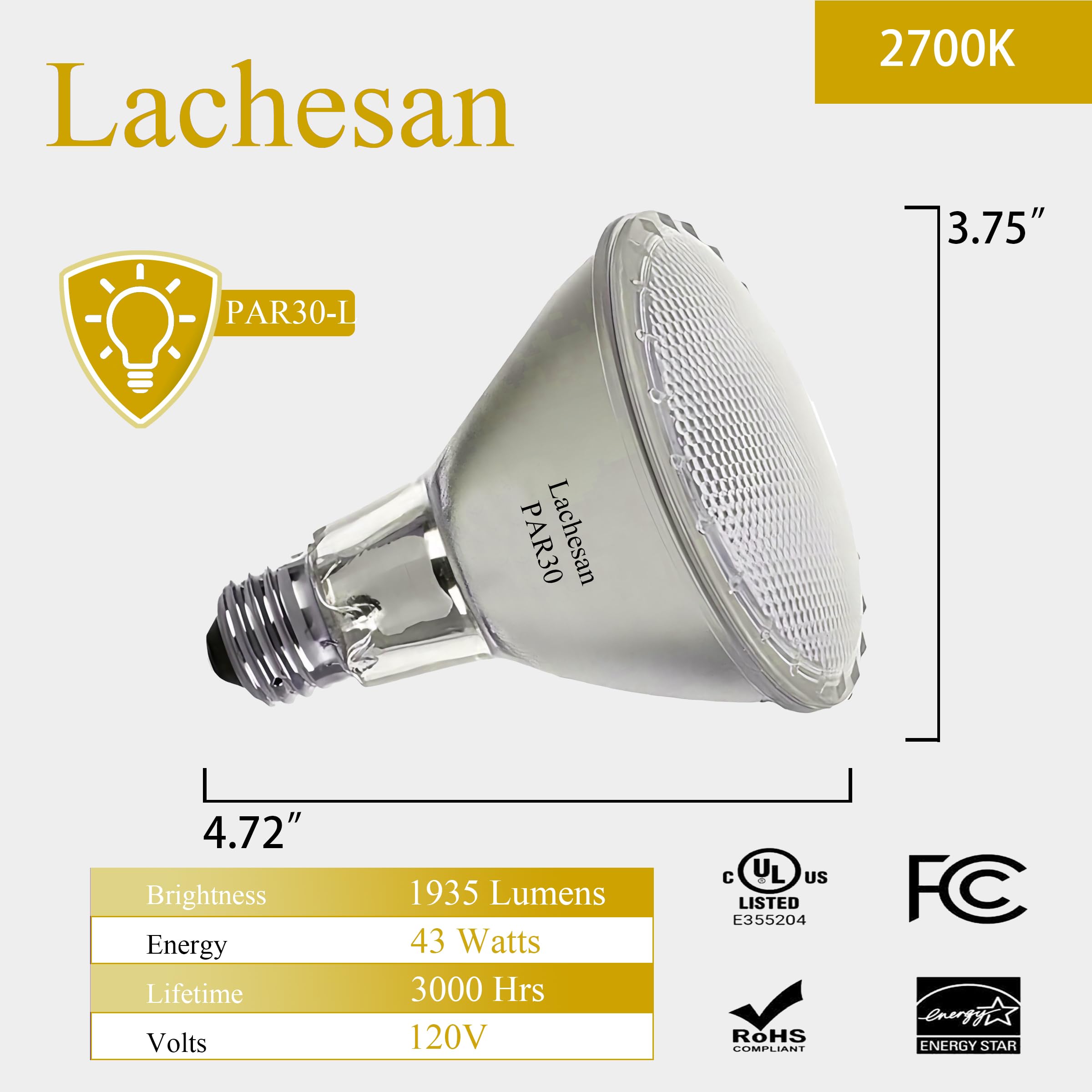 Lachesan Par30 Halogen Flood Light Bulbs,120V 75W Long Neck Bulb,75W Equivalent 2700K Warm White Dimmable High Brightness, Great