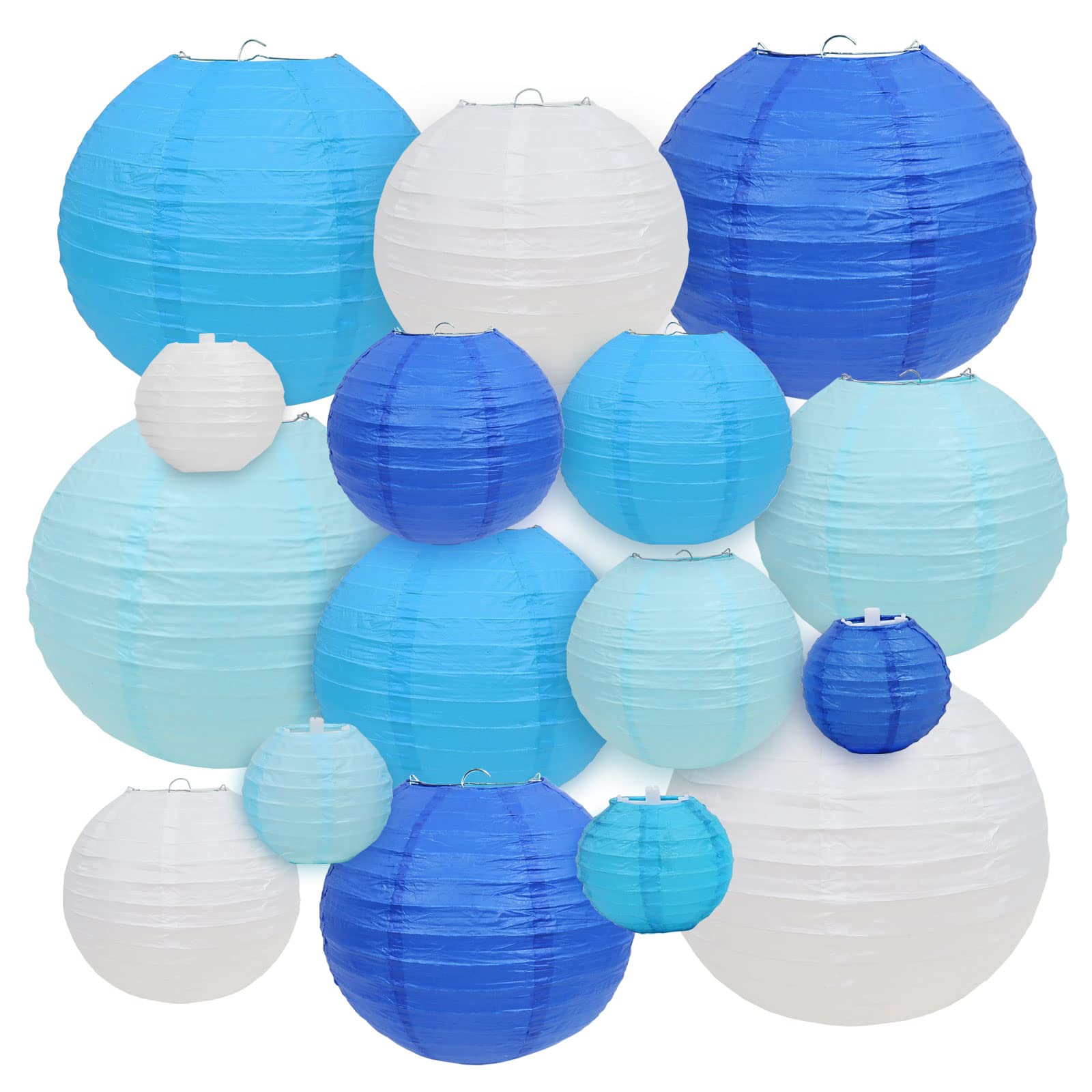 Lurico 16 Pcs Blue/White Paper Lanterns (Size Of 4   , 6   , 8   , 10   ) - Chinese/Japanese Paper Hanging Decorations Ball Lant