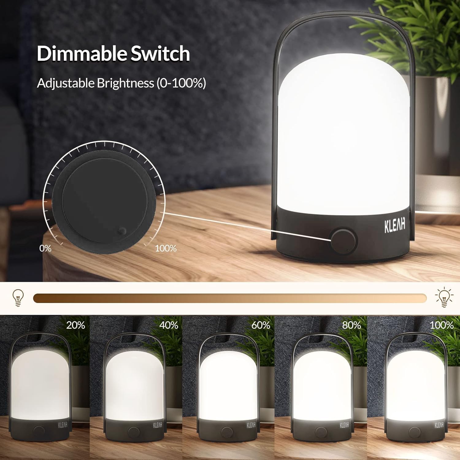 Kleah Portable Cordless Lantern Table Lamp, 360 Portable Handle, Stepless Dimmer, Powerful Long-Lasting 50Hrs, Rechargeable Led