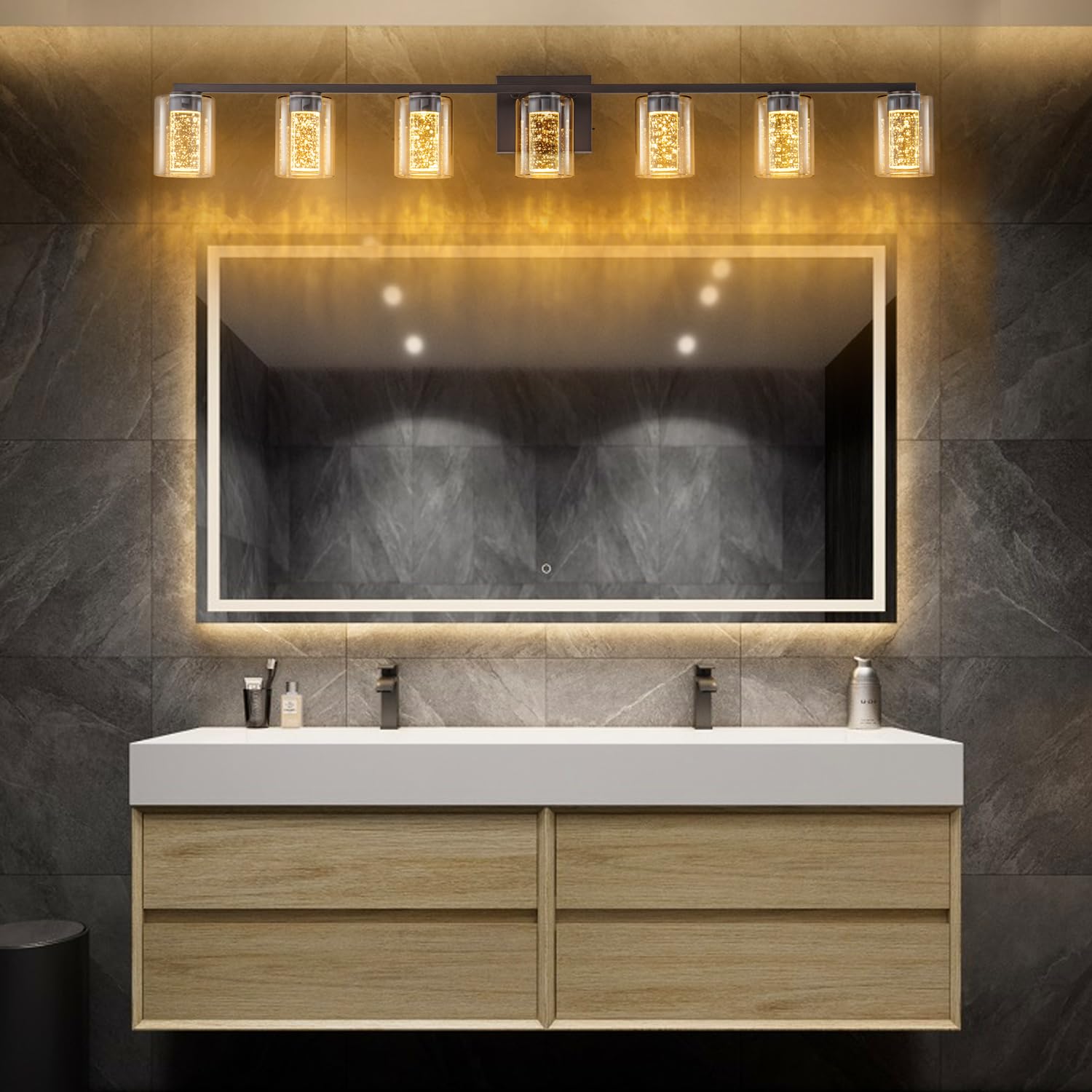 SineRise 7-Light Bronze Vanity Light, Dimmable LED Fixture with 3 Color Modes, Eye Protection Glass Shade