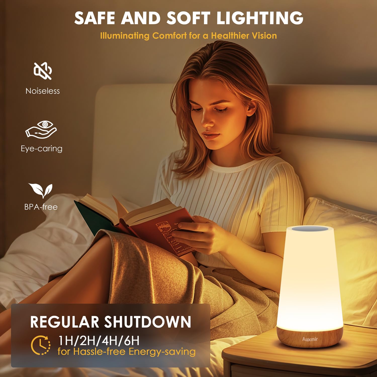Auxmir LED Night Light Table Lamp - Touch & Remote Control, 13 RGB Colors, 5 Brightness Levels, Rechargeable, Light Brown, Model M4