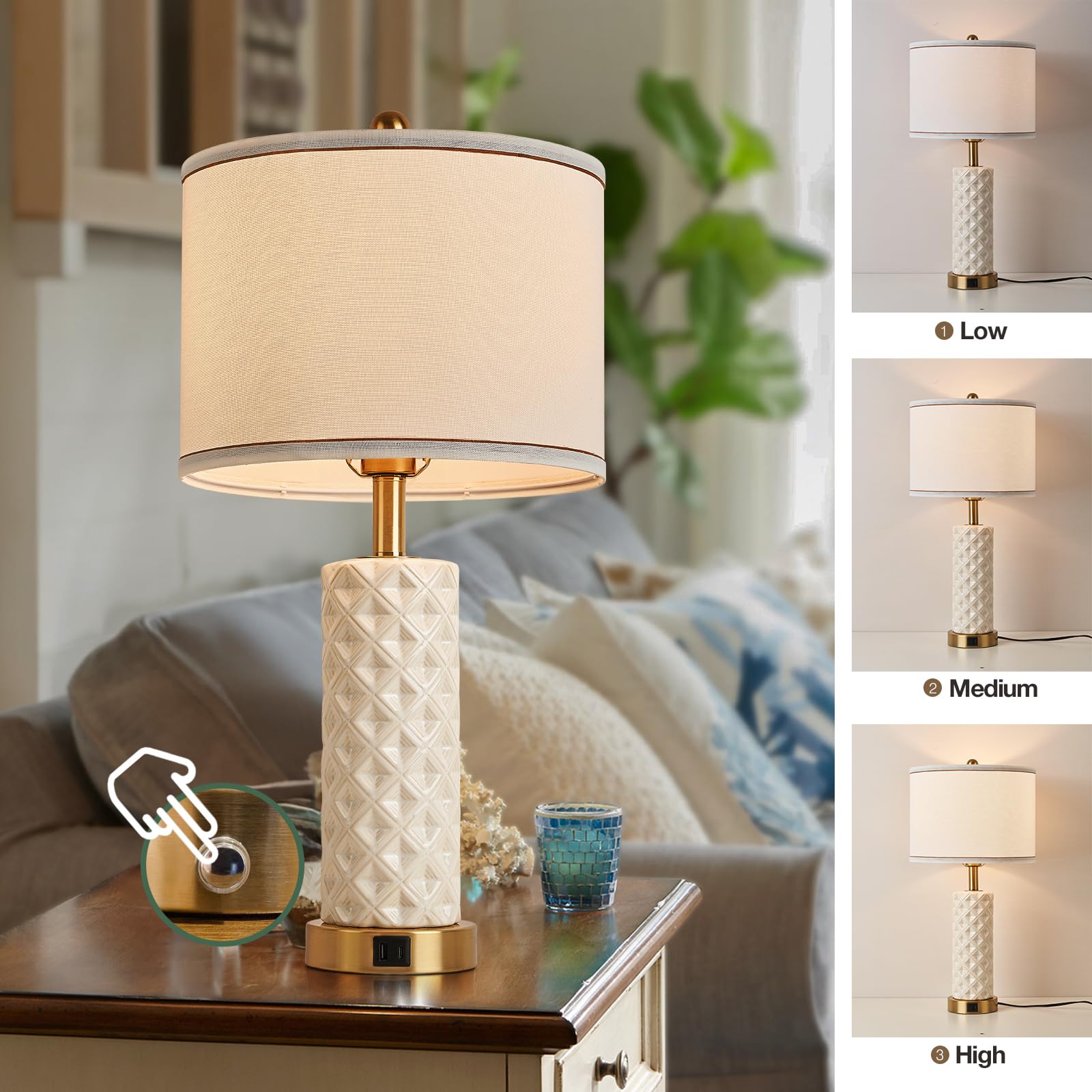 Bdayanx Set Of 2 Table Lamp For Living Room Bedroom Farmhouse,26'' Touch Control Bedroom Ceramic Lamps 3-Way Dimmable Bedside La