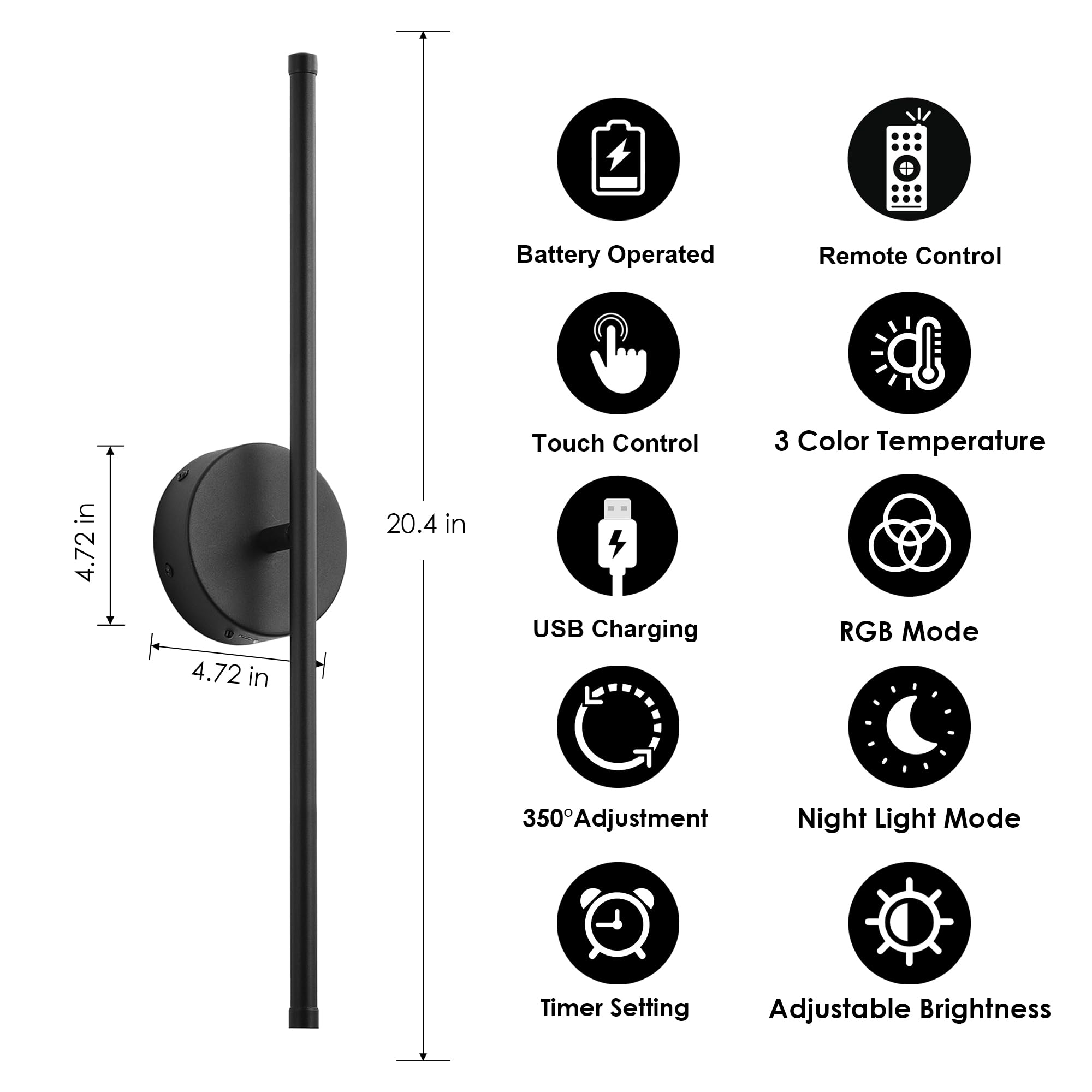 KARTOOSH Battery Operated Wall Sconces Set of Two, Dimmable LED, 20.4 Inch, Black (RGB Colors), Model ZM317BBLR50