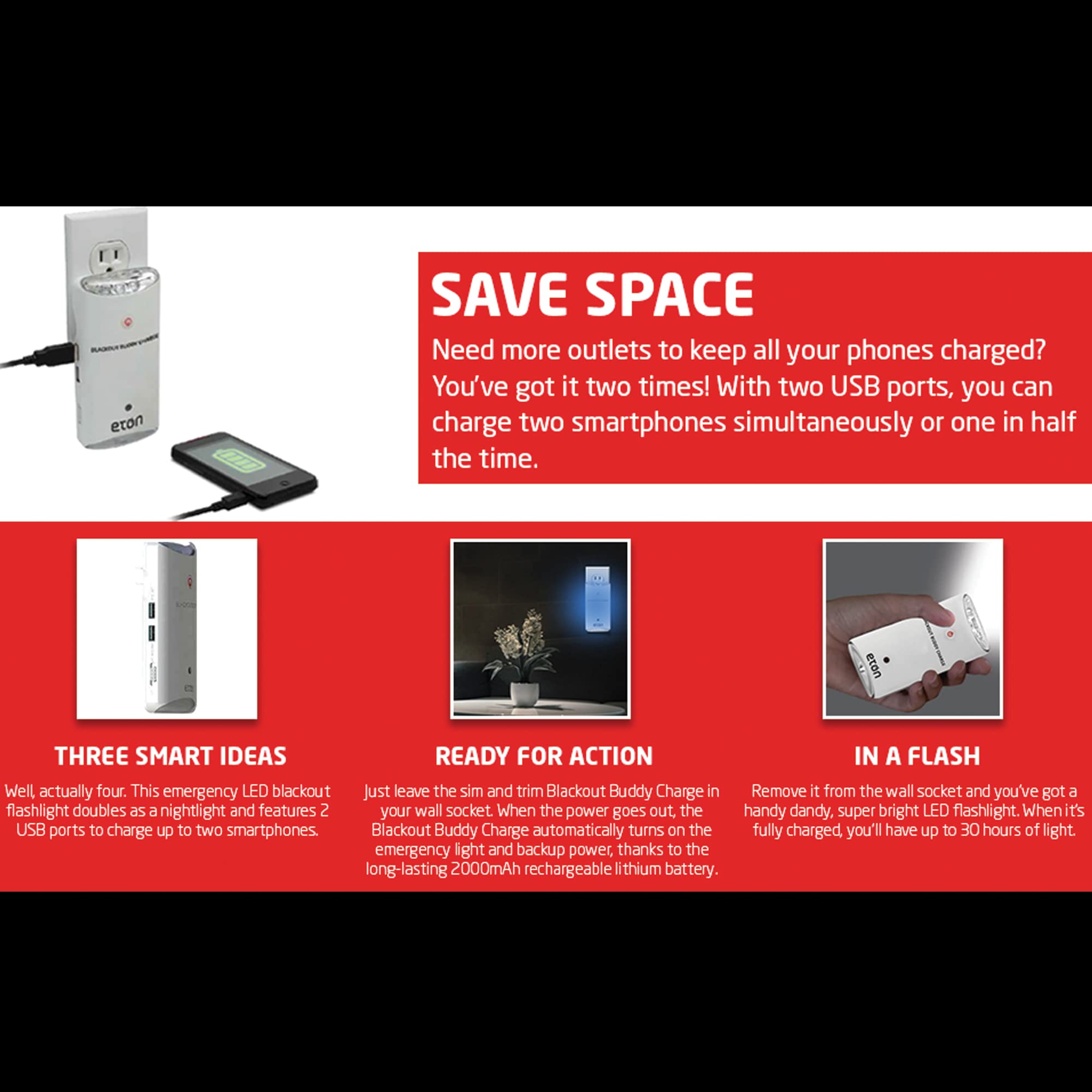 Eton American Red Cross Blackout Buddy Charge Emergency Led Flashlight & Phone Charger