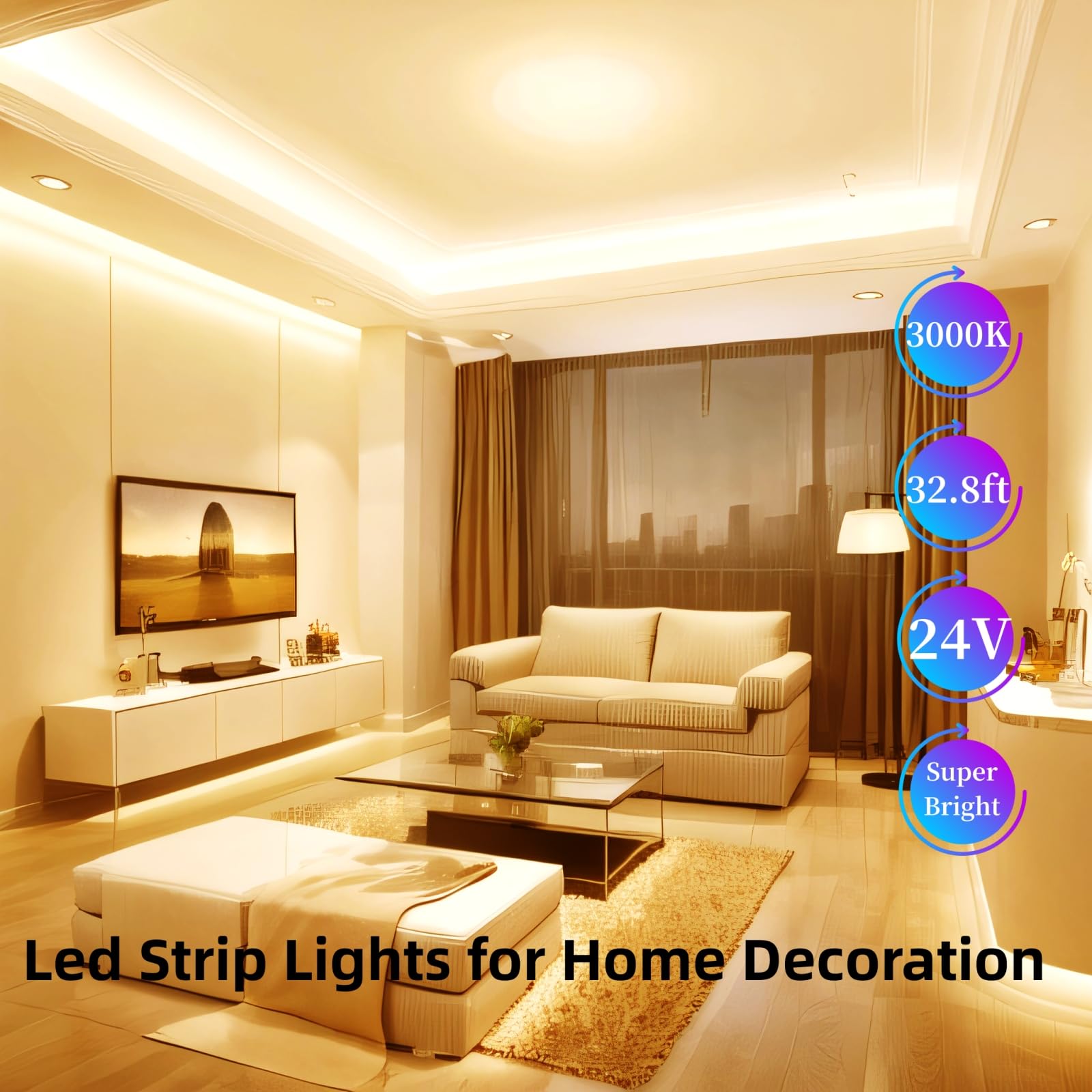 RadiantFlux 32.8ft Warm White LED Strip Lights, Dimmable, 600 LEDs, Flexible for Home Decor