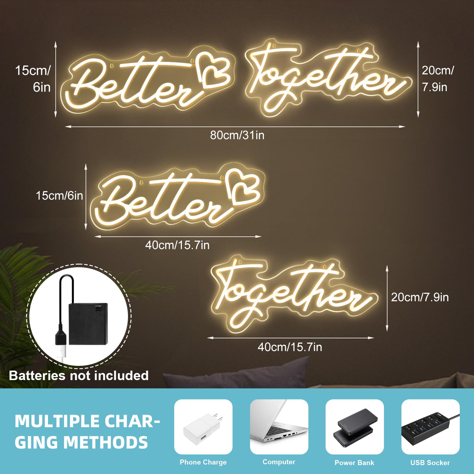 SERBASIC Neon Sign, Better Together LED Light Up Sign, Warm White, 31 Inch, USB/Battery Powered, Transparent Acrylic Panel, Two-Pack