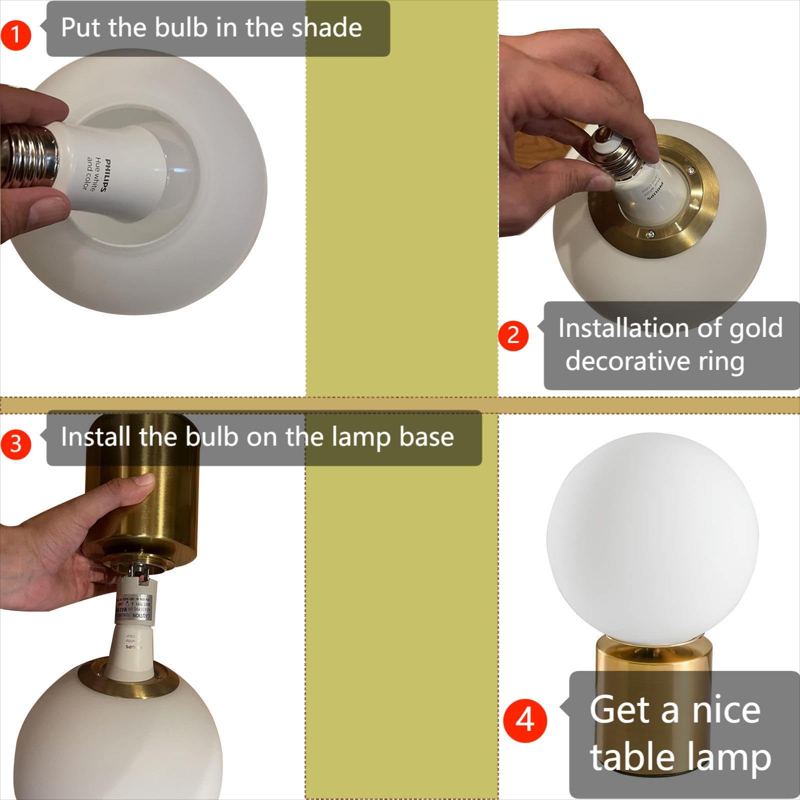 Sottae 11 Inch Modern Gold Globe Table Desk Lamp,Vintage Mid Century Round Table Lamp With White Glass Shade Metal Base For Bedroom Bedside Lamp Living Room End Table
