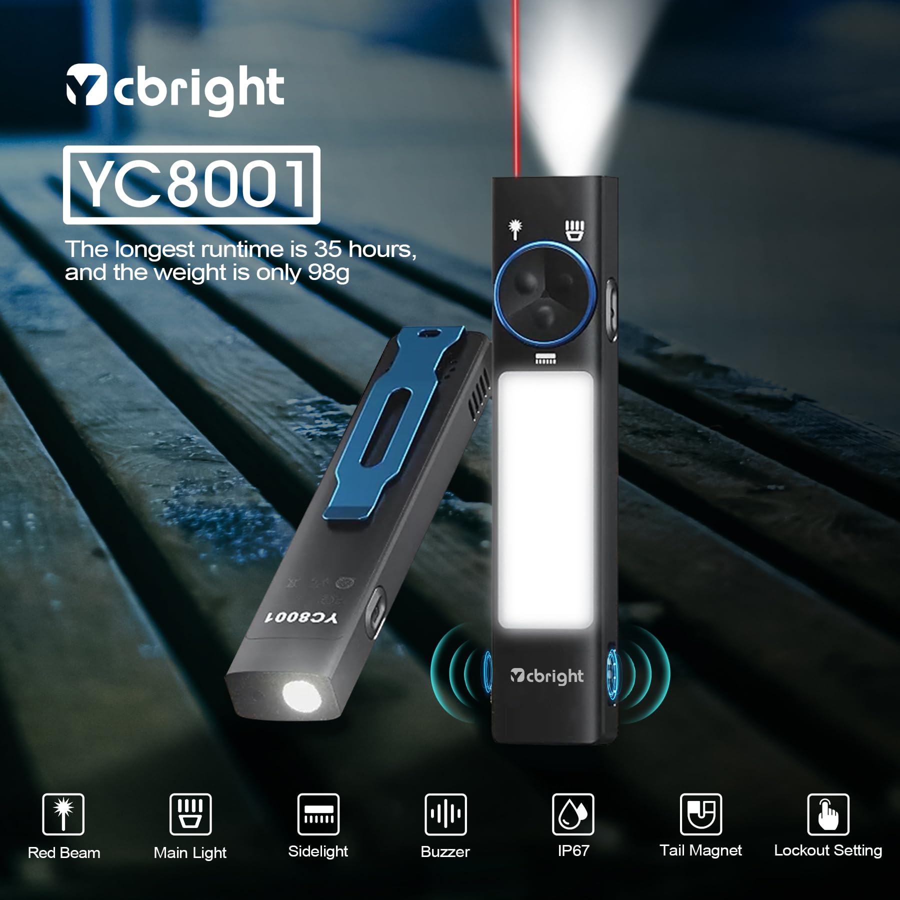 Ycbright YC8001 Rechargeable Flashlight, 1000 Lumens, Black, EDC with Red Beam and Buzzer for Outdoor Use